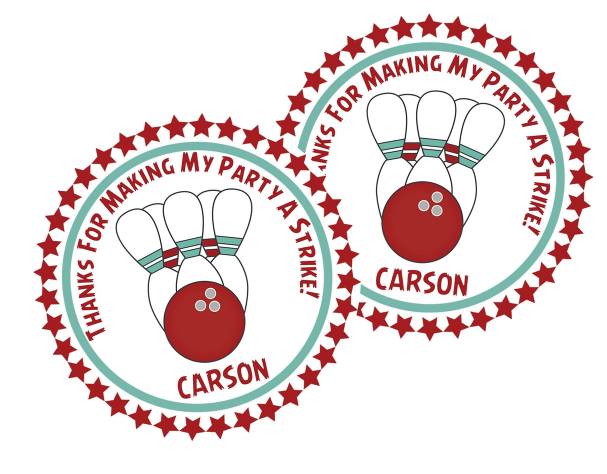 bowling party favor label with red ball design