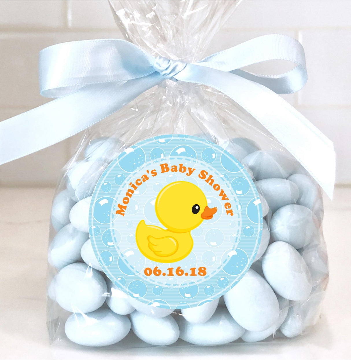 boy baby shower thank-you sticker with blue and yellow design
