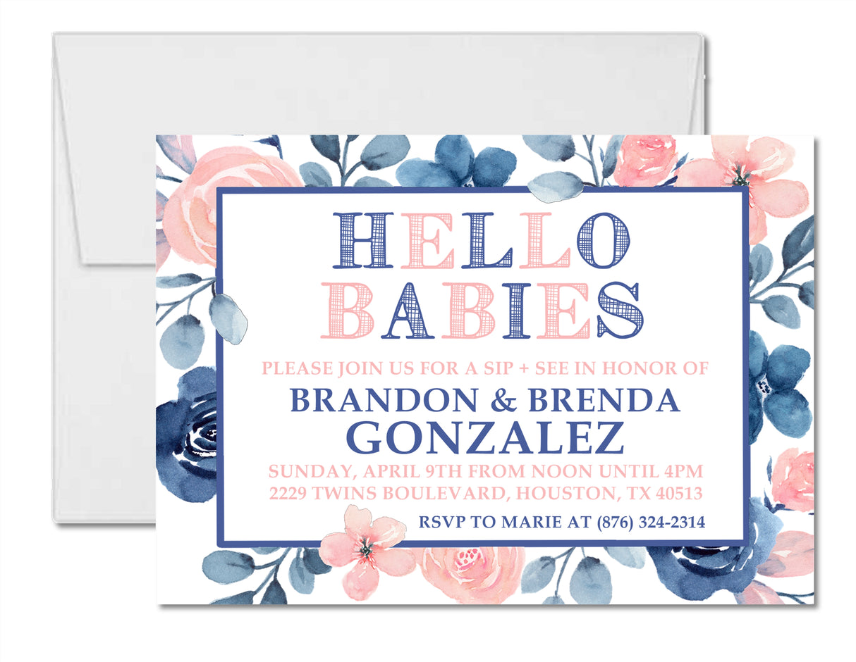 boy girl twin hello babies invitations botanical theme