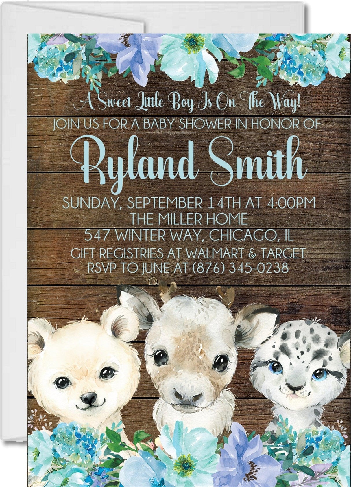 boys arctic animal polar bear penguin invitation cards blue floral style