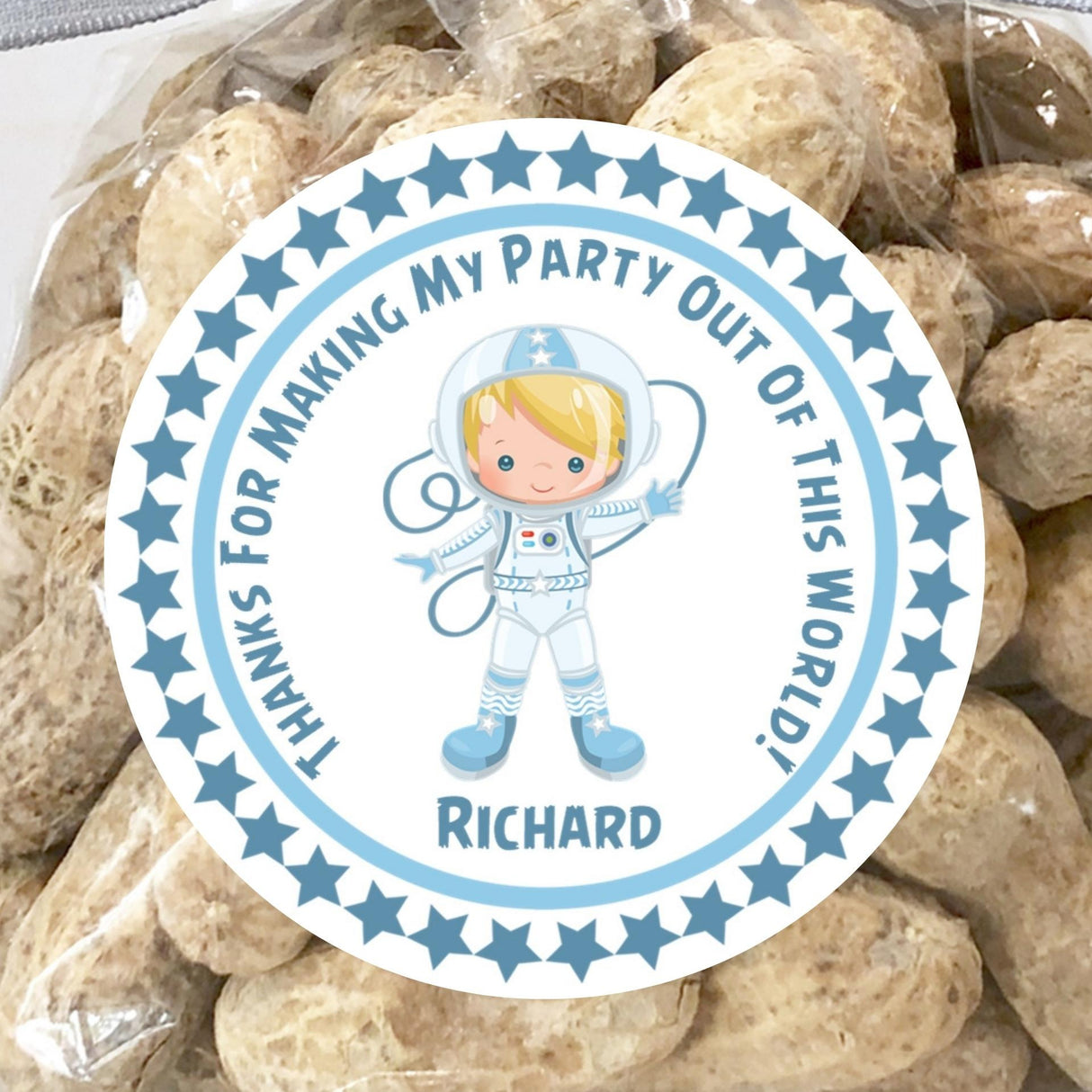 boys astronaut birthday sticker with blue star border