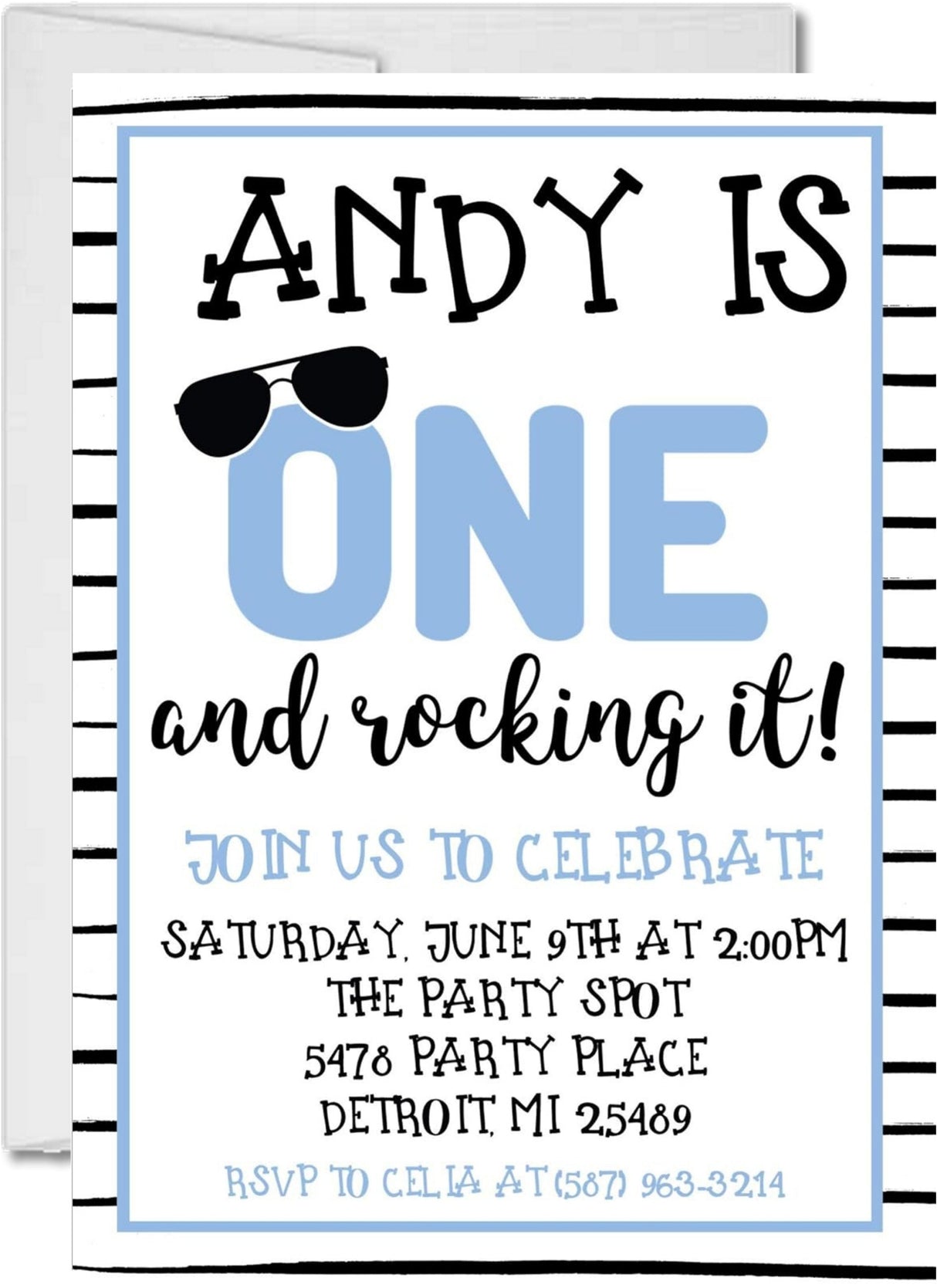 boys blue 1st birthday party invitations striped number one design