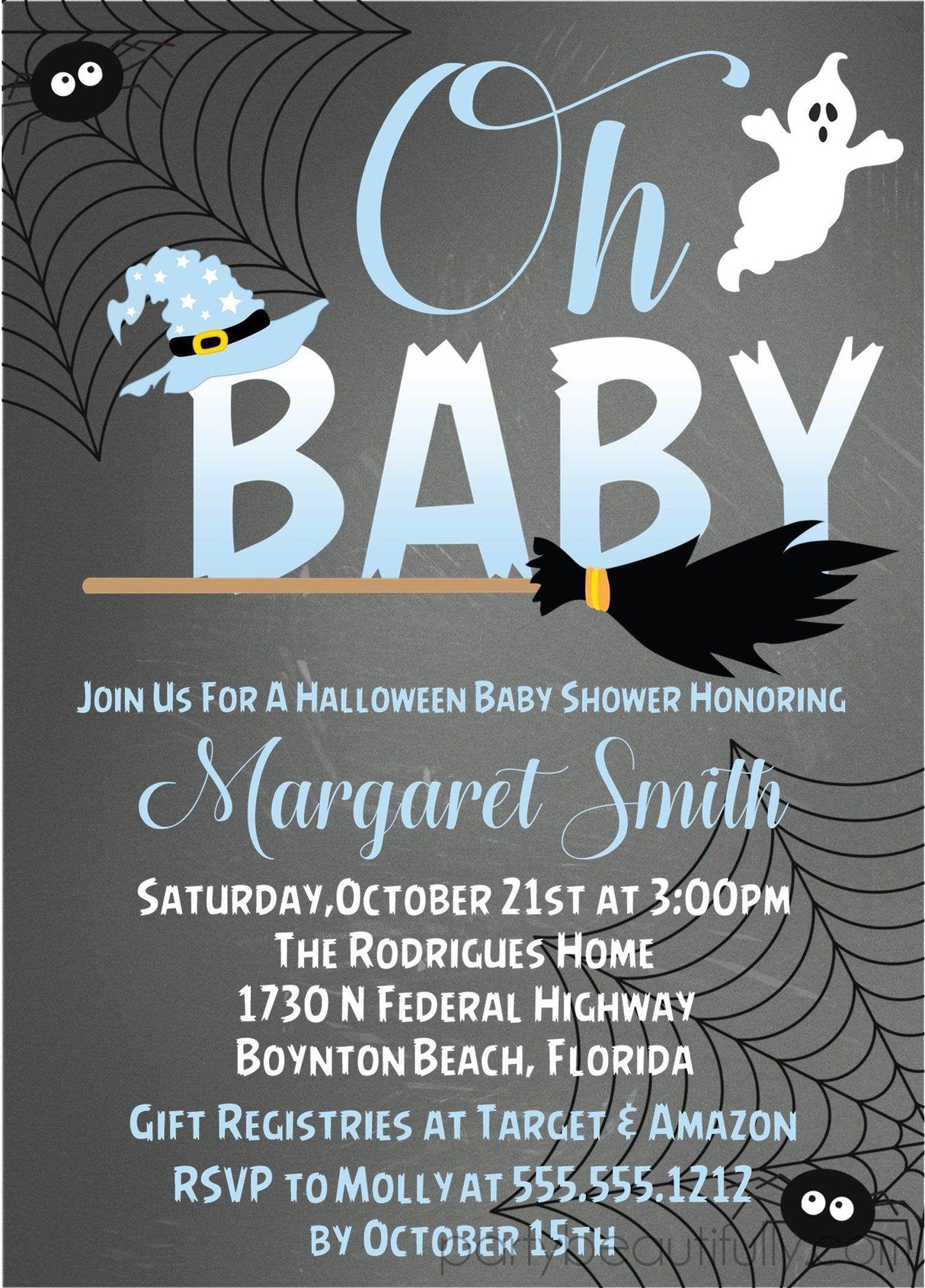 boys blue halloween baby shower invitations spiderweb design