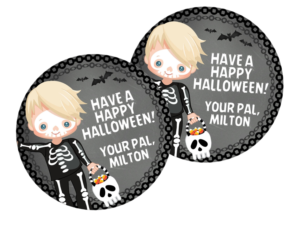 boys halloween favor label featuring skeleton costume