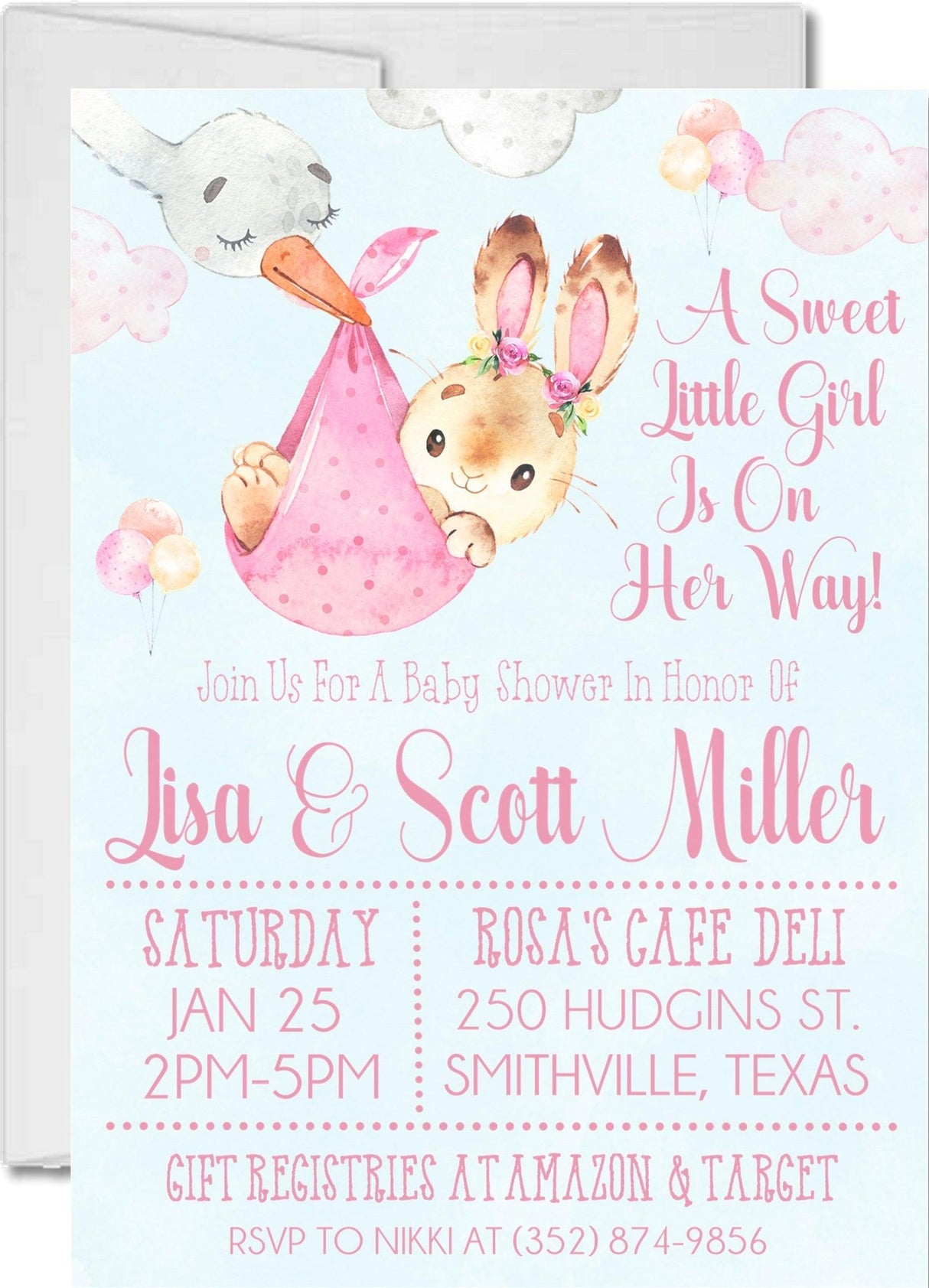 bunny baby shower invitations pastel pink woodland watercolor design