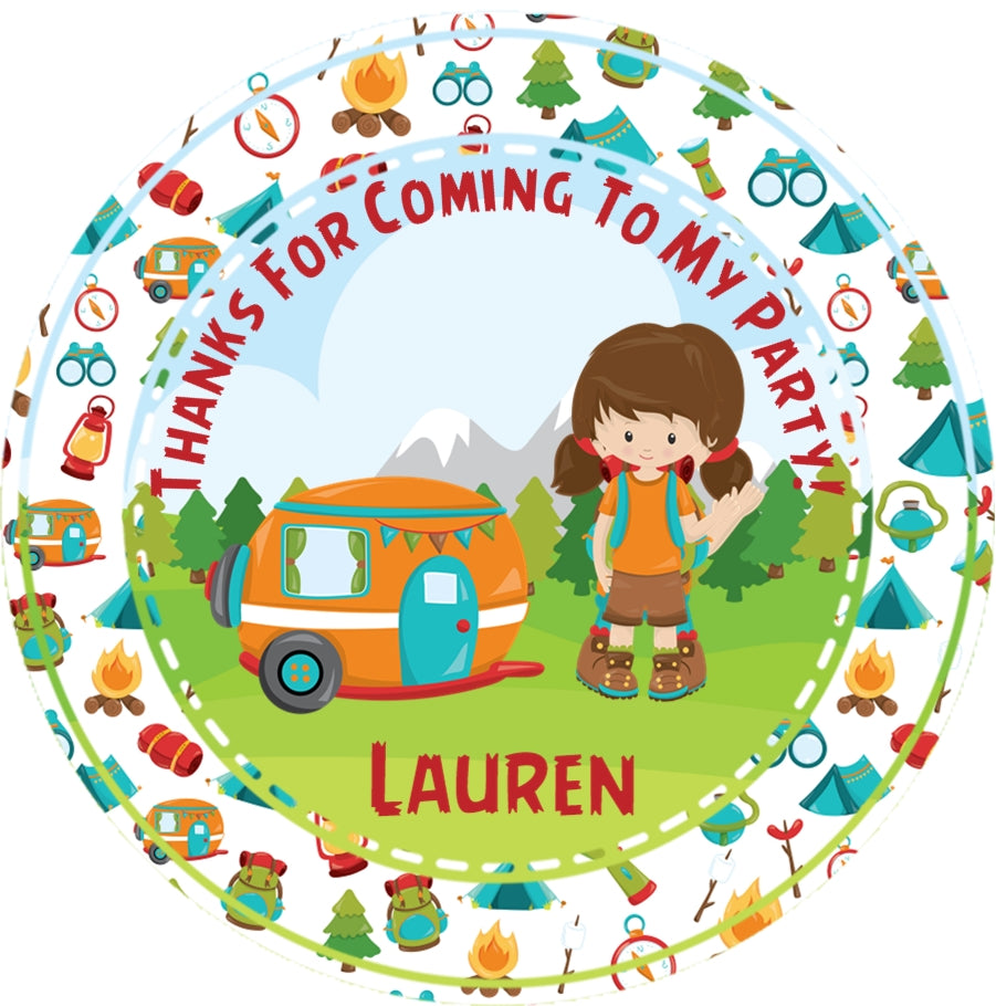 camping birthday favor sticker with forest theme and camper design
