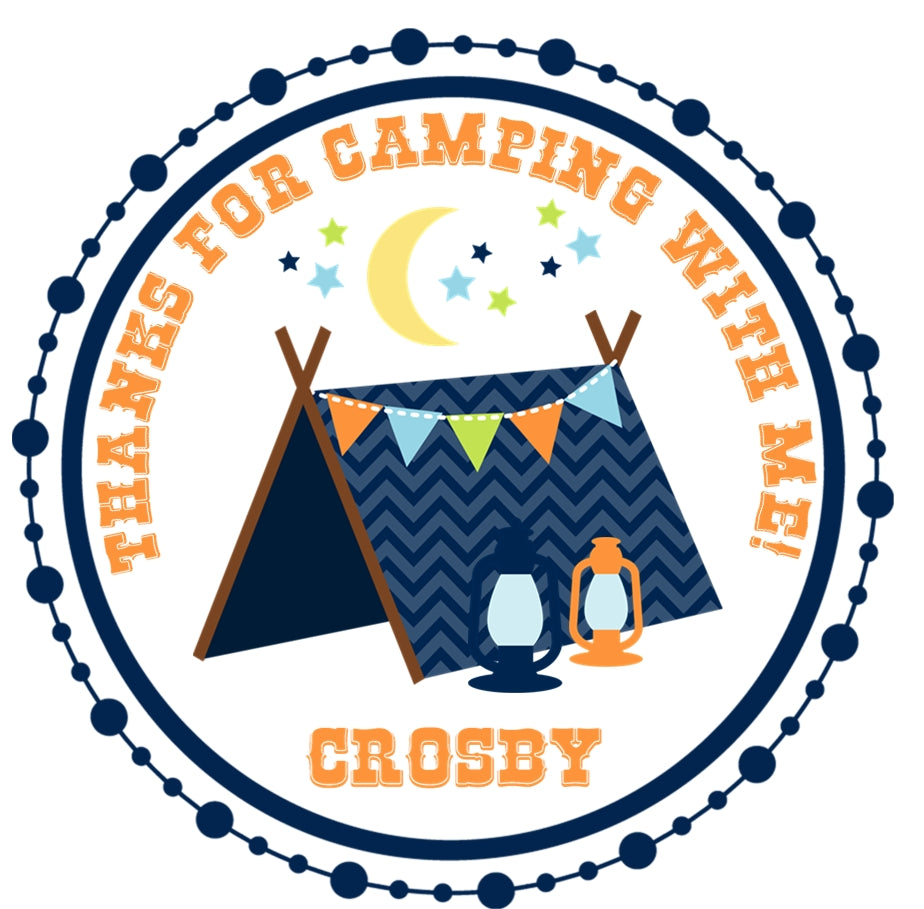 camping birthday sticker with tent lantern and moon scene