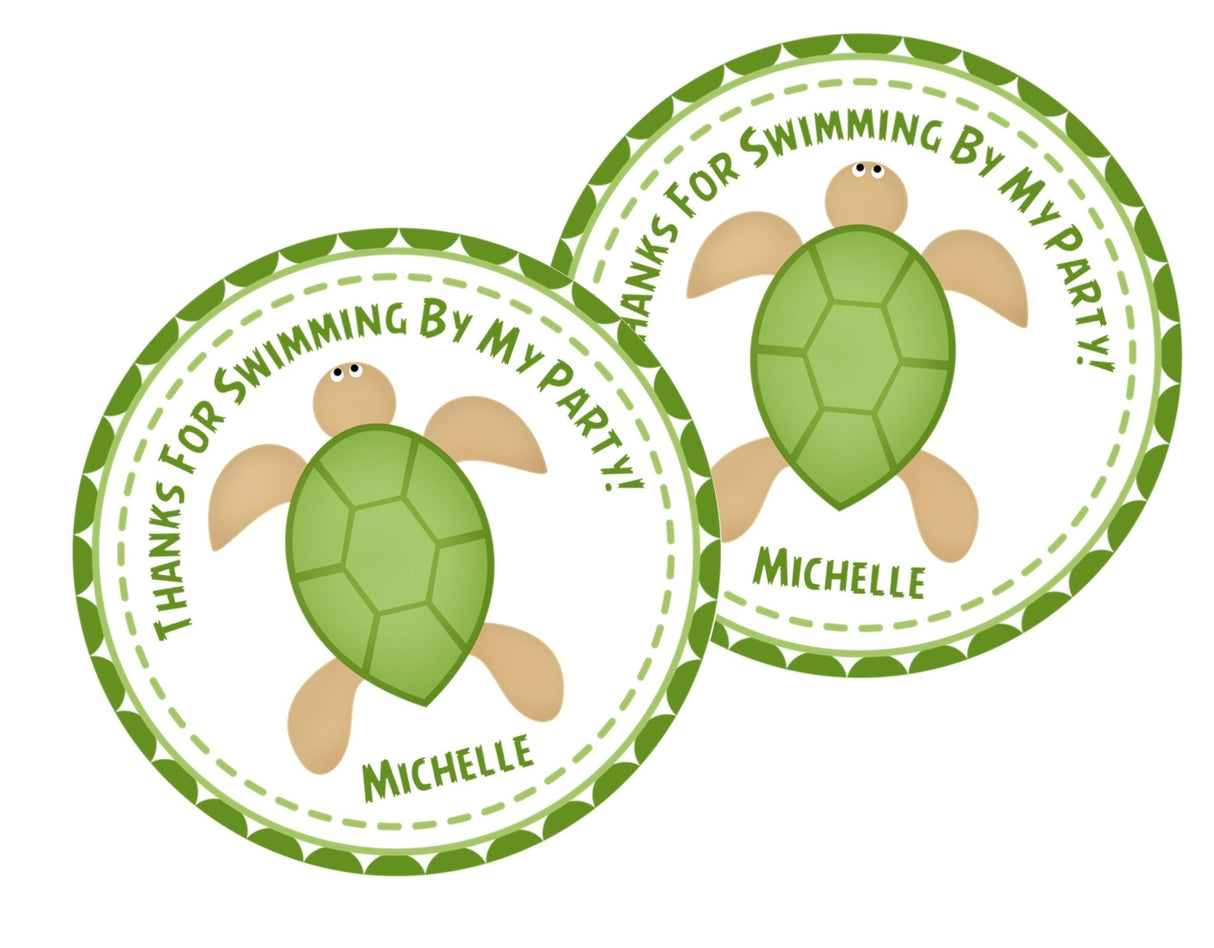 cartoon turtle party favor label in green and tan