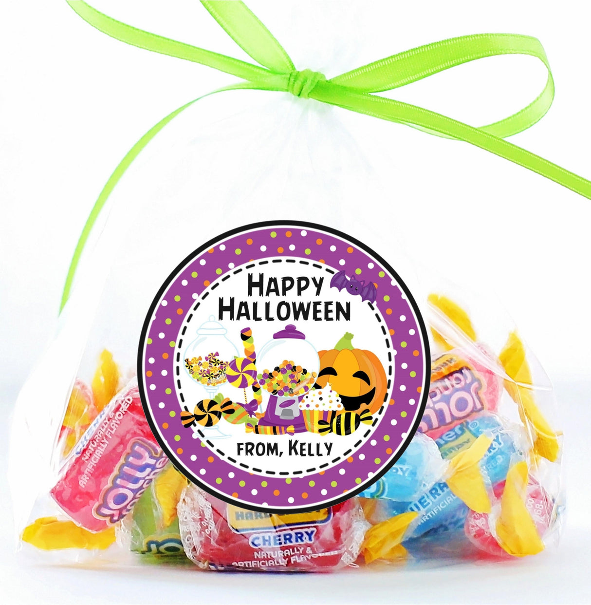 childrens halloween party sticker with pastel candy theme