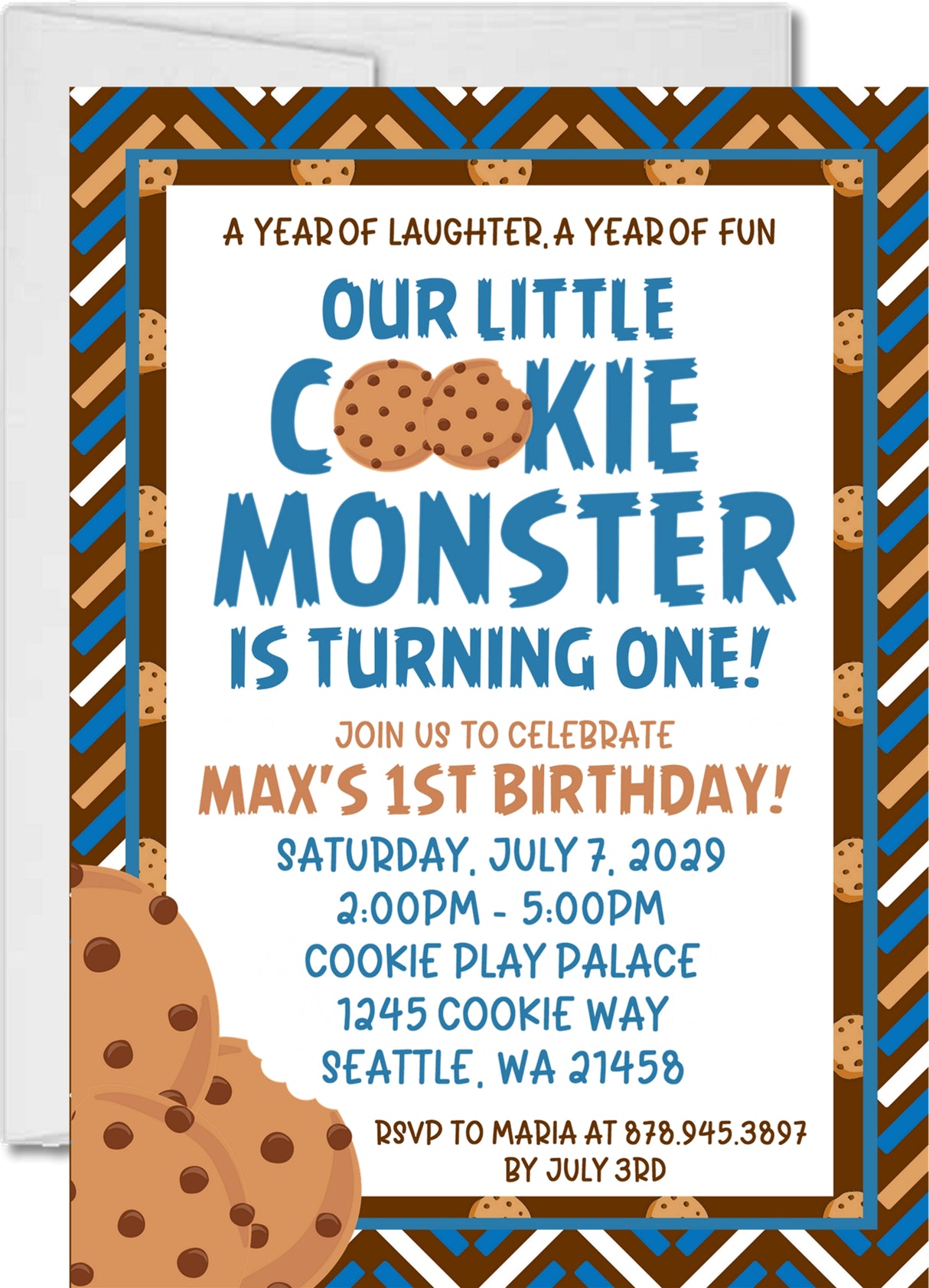 cookie monster 1st birthday invitations blue brown cookie design