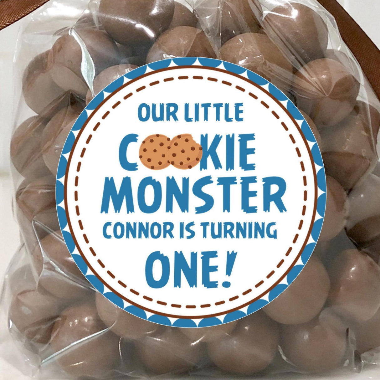 cookie monster style birthday sticker with cookie lettering