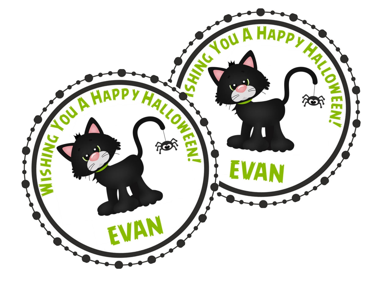 cute black cat halloween favor label with green and black accents