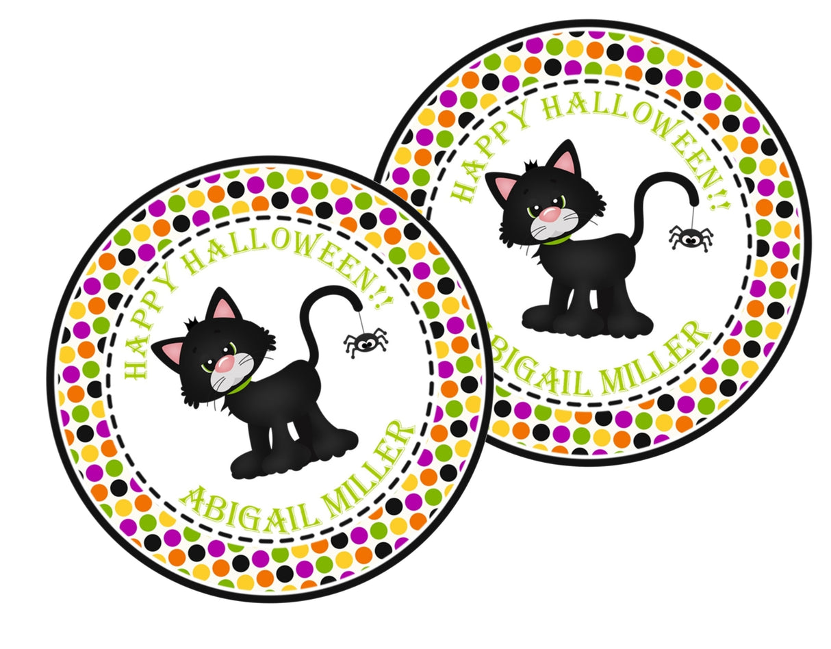 cute black cat halloween favor label with green and orange accents