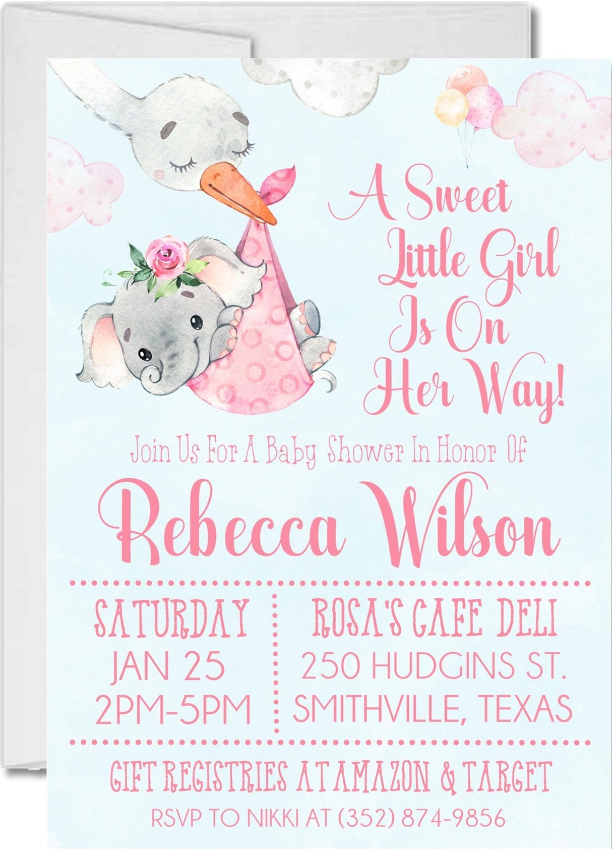cute elephant invitation cards soft pastel pink style for girls