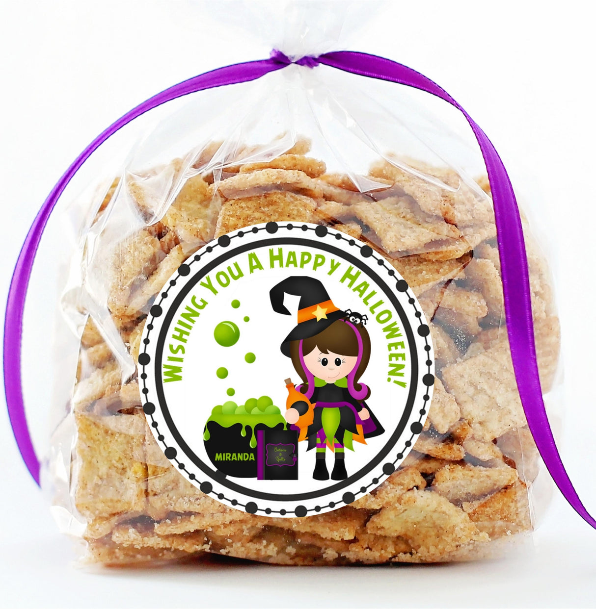 cute halloween party sticker featuring witch costume and glowing green potion