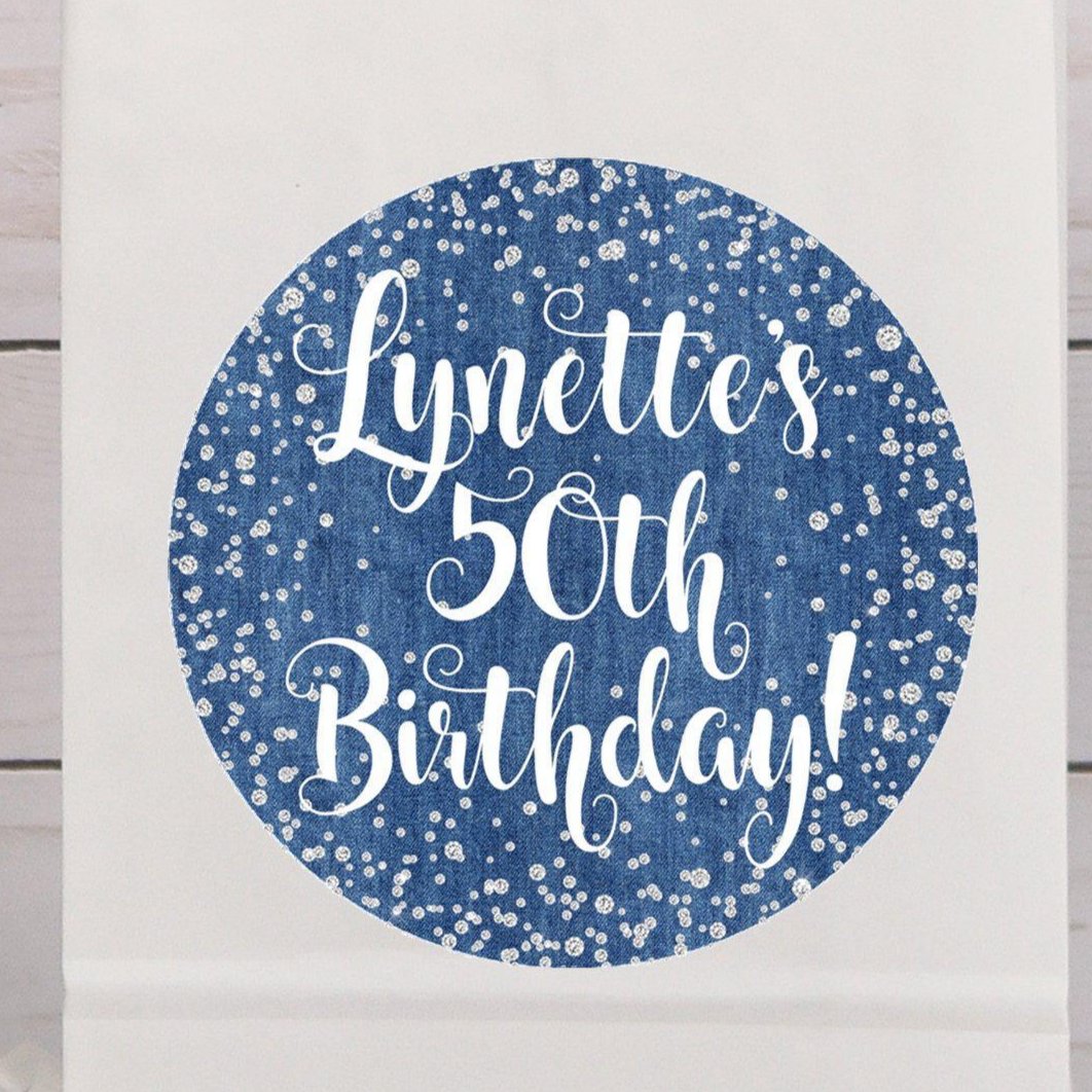 denim birthday sticker with silver glitter confetti