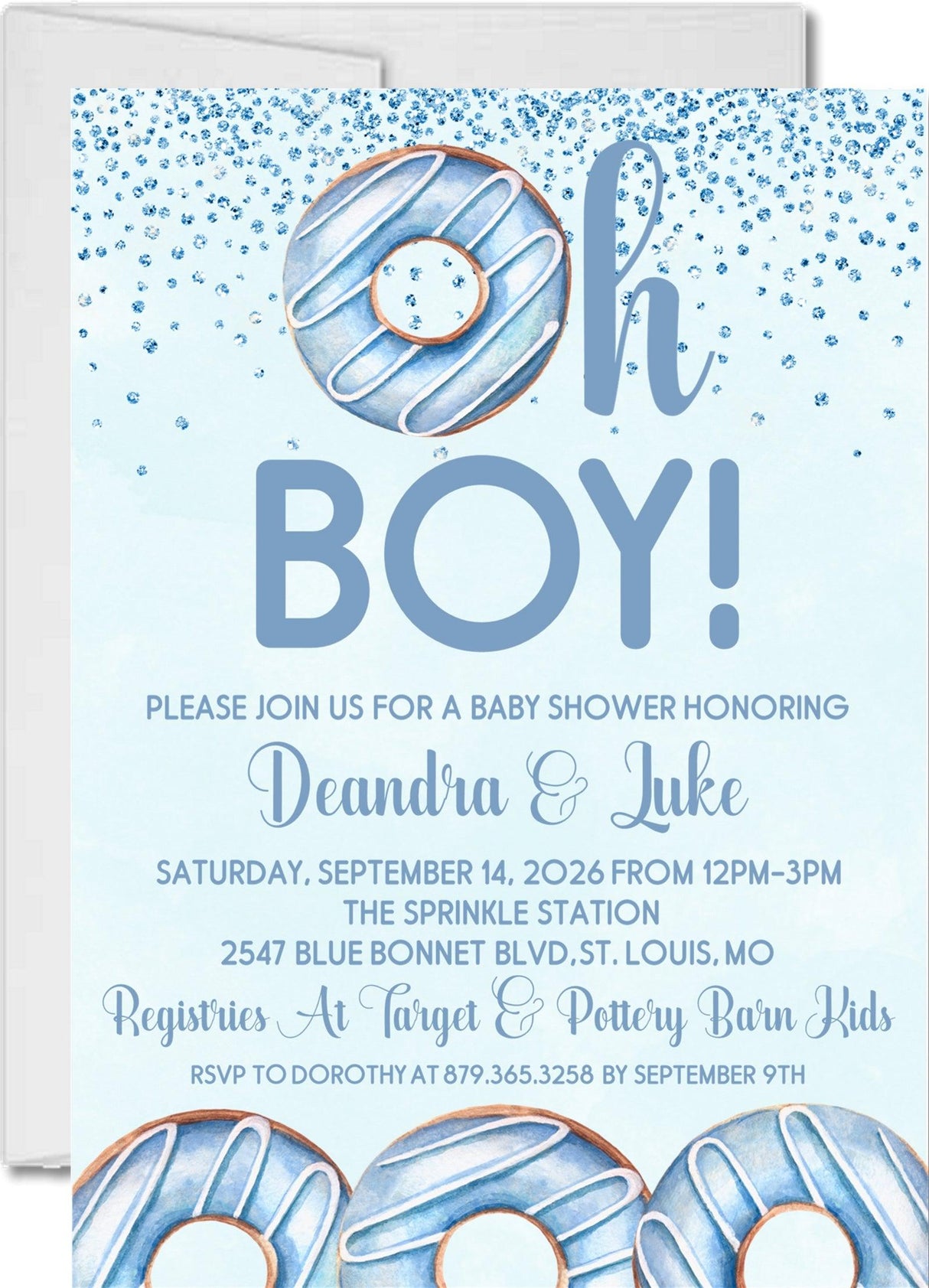 donut baby shower invitations pastel blue sprinkle design