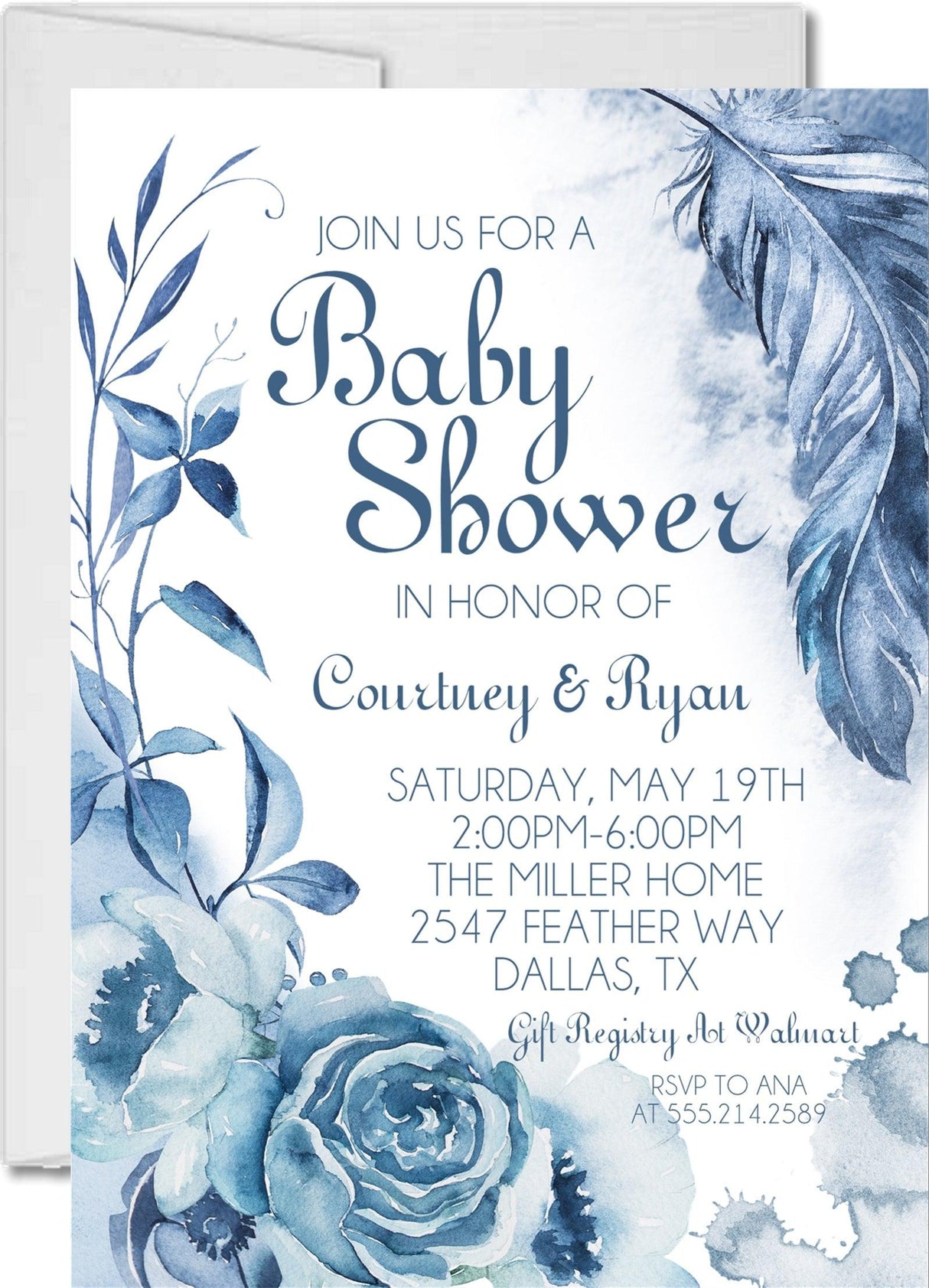 dusty blue rose baby shower invitations feather botanical theme