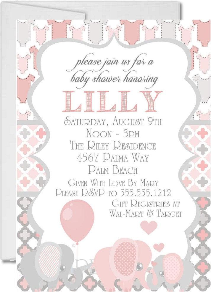 elephant baby shower invitations pink gray patterned design