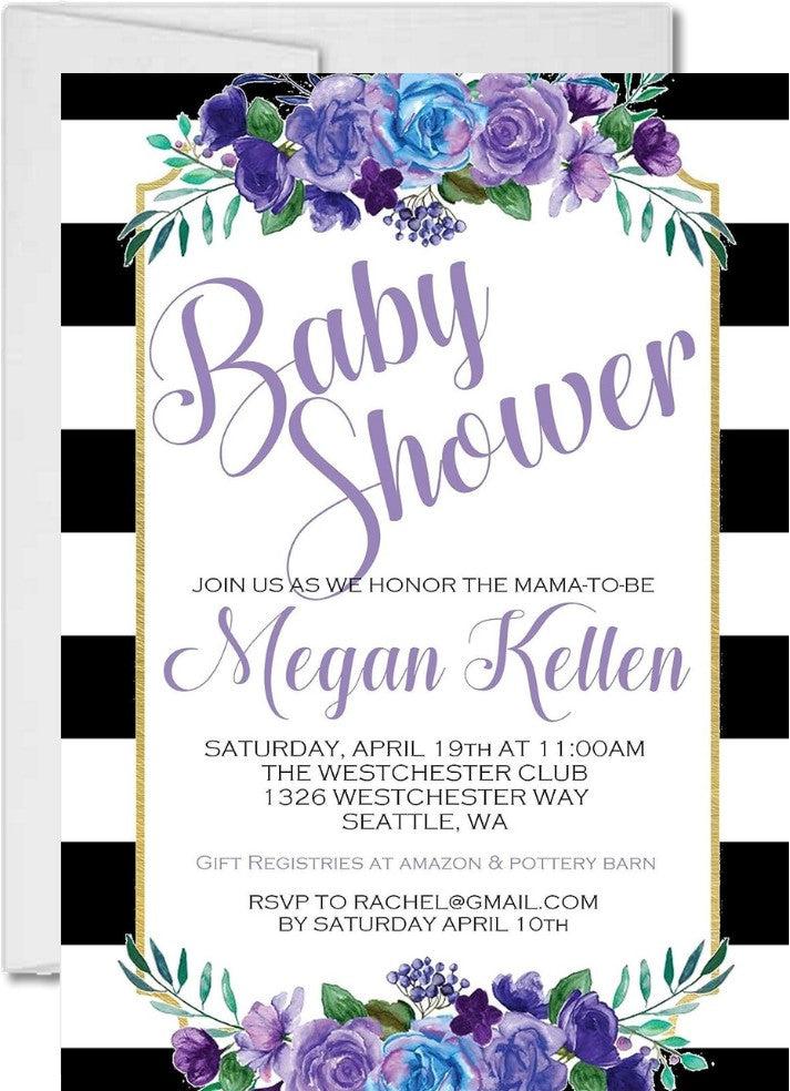 floral stripe baby shower invitations purple rose design