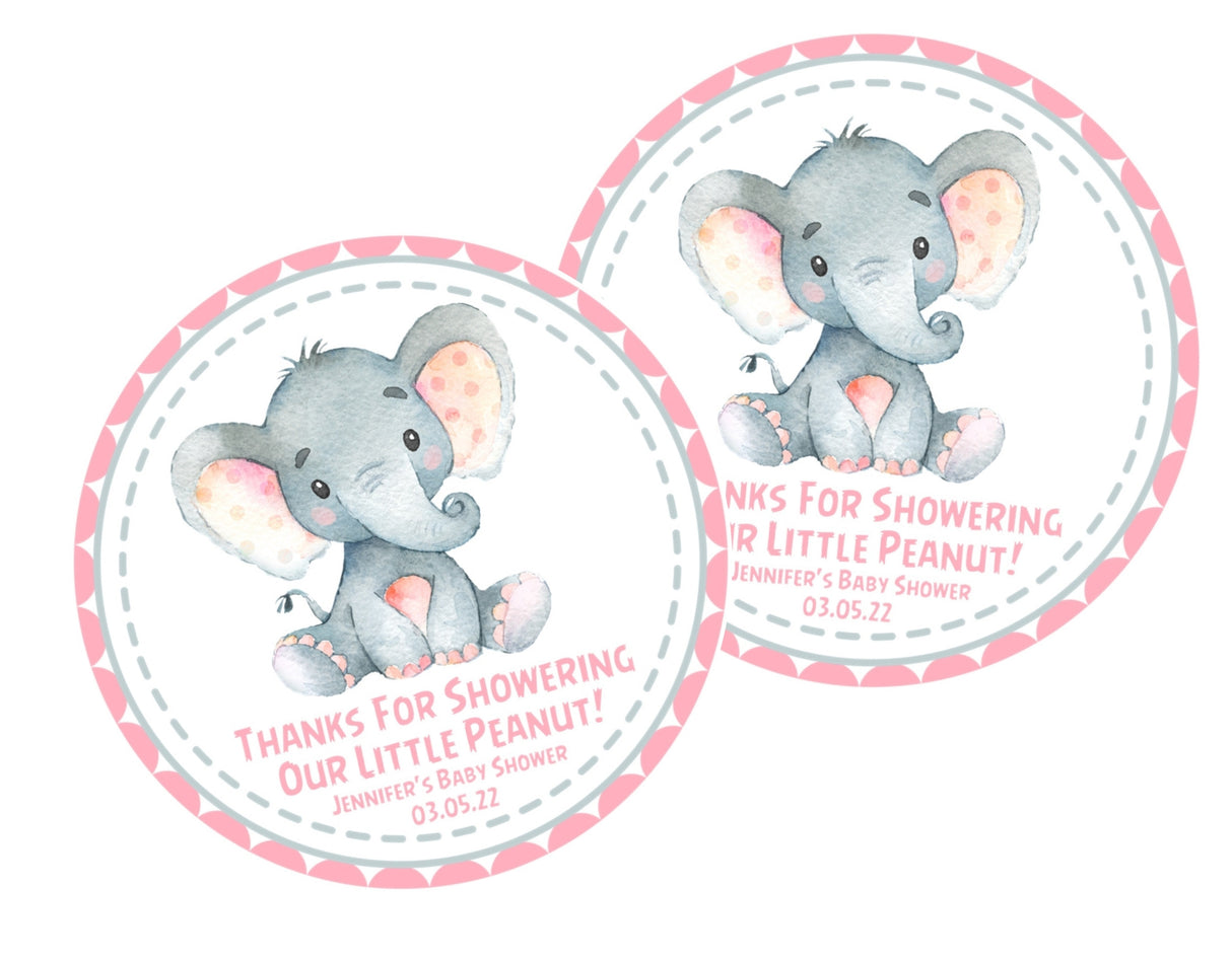 Watercolor elephant favor sticker – pink safari baby shower theme
