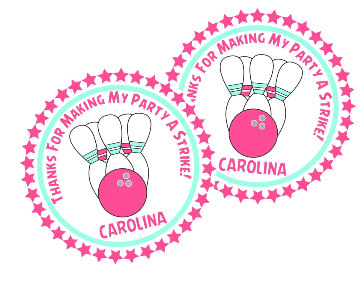 girls bowling party favor label in pink and aqua