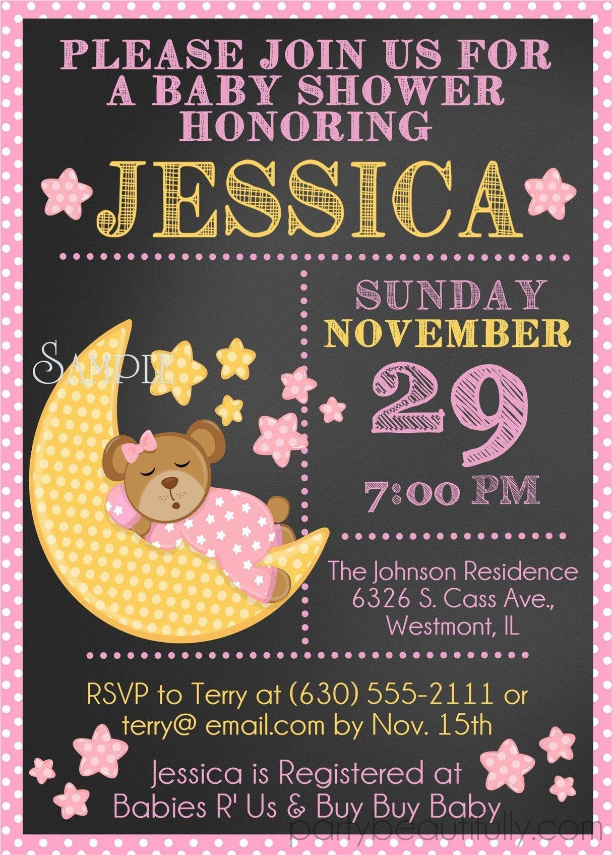 girls moon and stars invitation cards bedtime storybook style