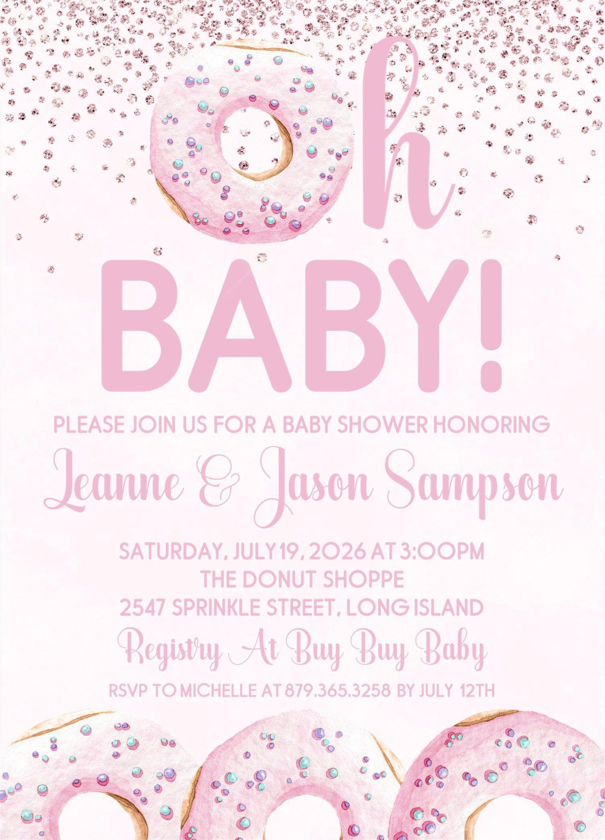 girls pink donut baby shower invitations pastel sprinkle design