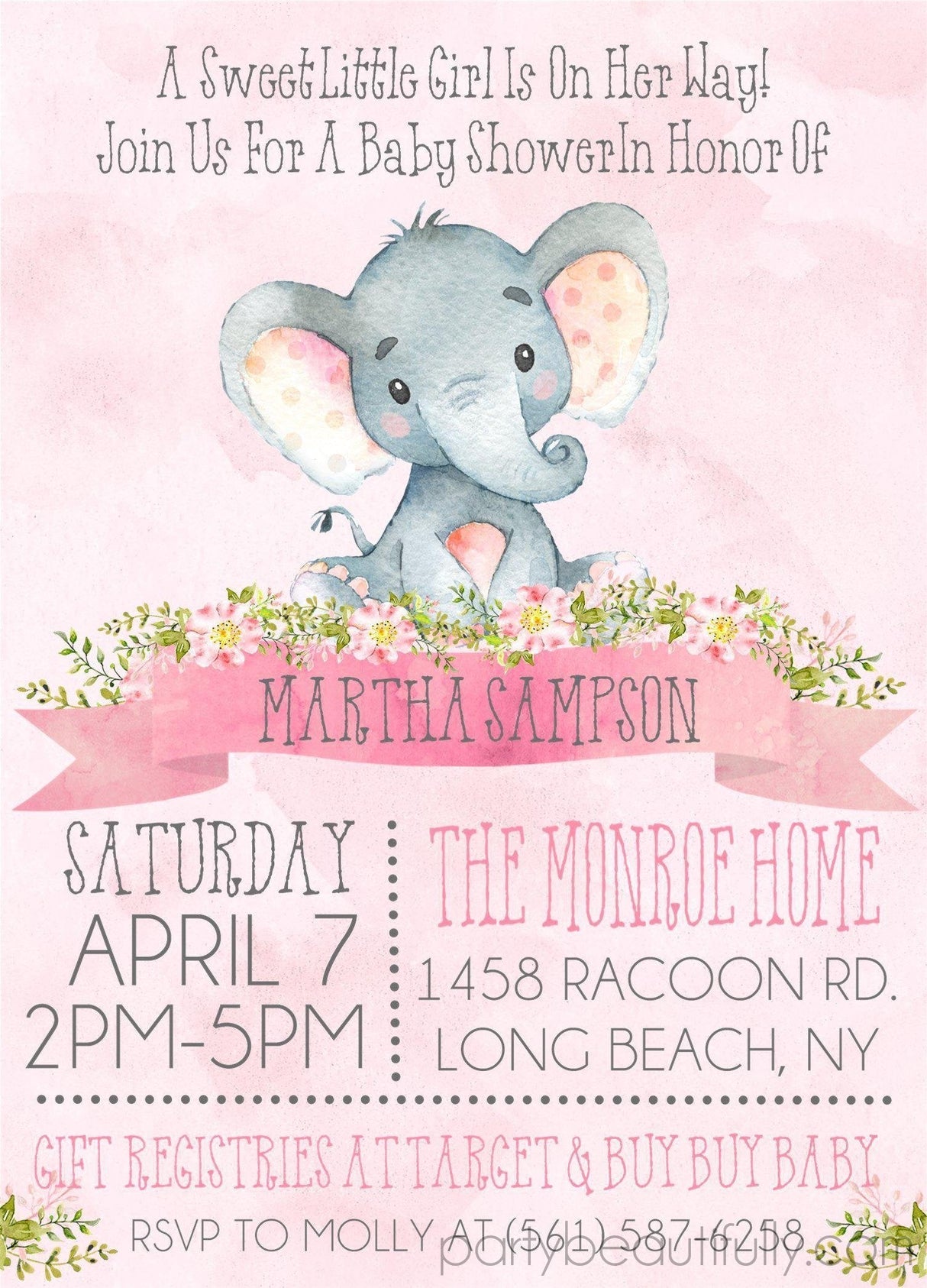 girls pink elephant baby shower invitations pastel watercolor floral design