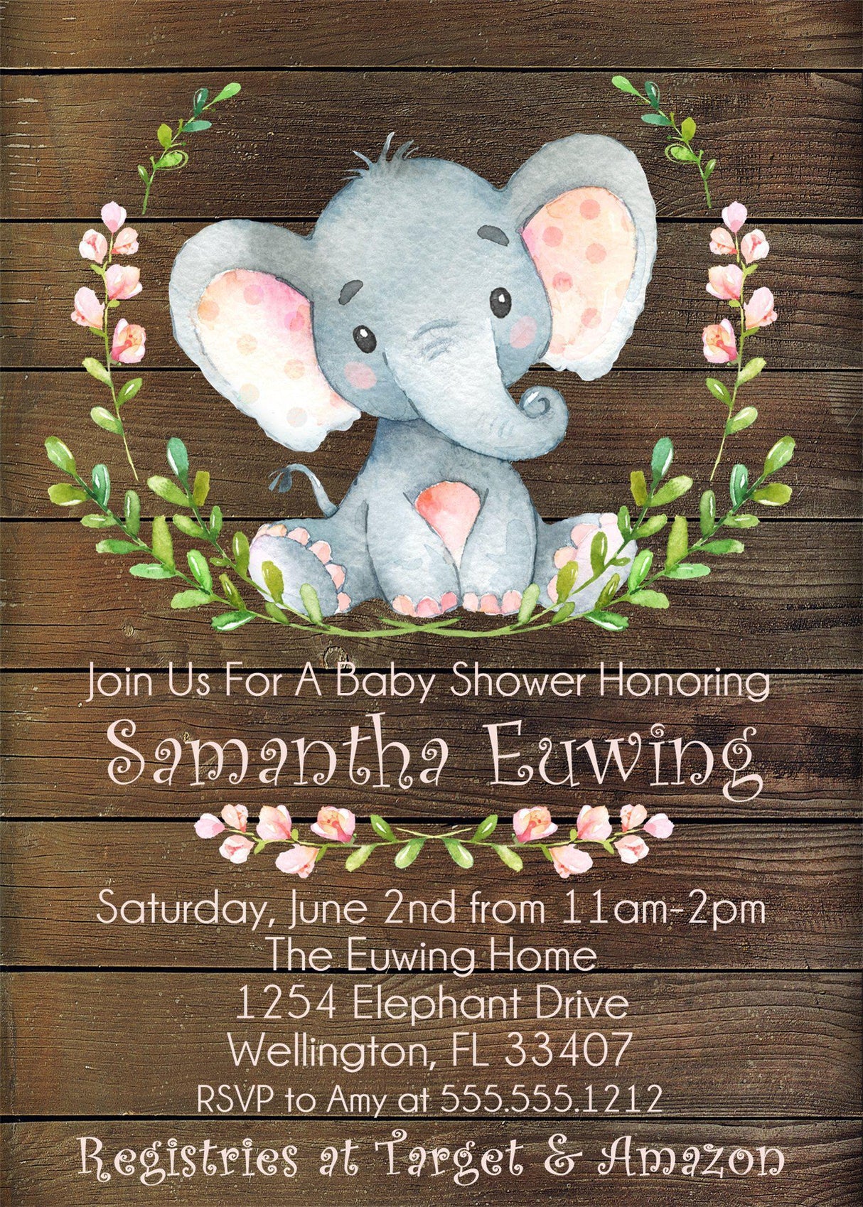 girls pink green rustic elephant baby shower invitations