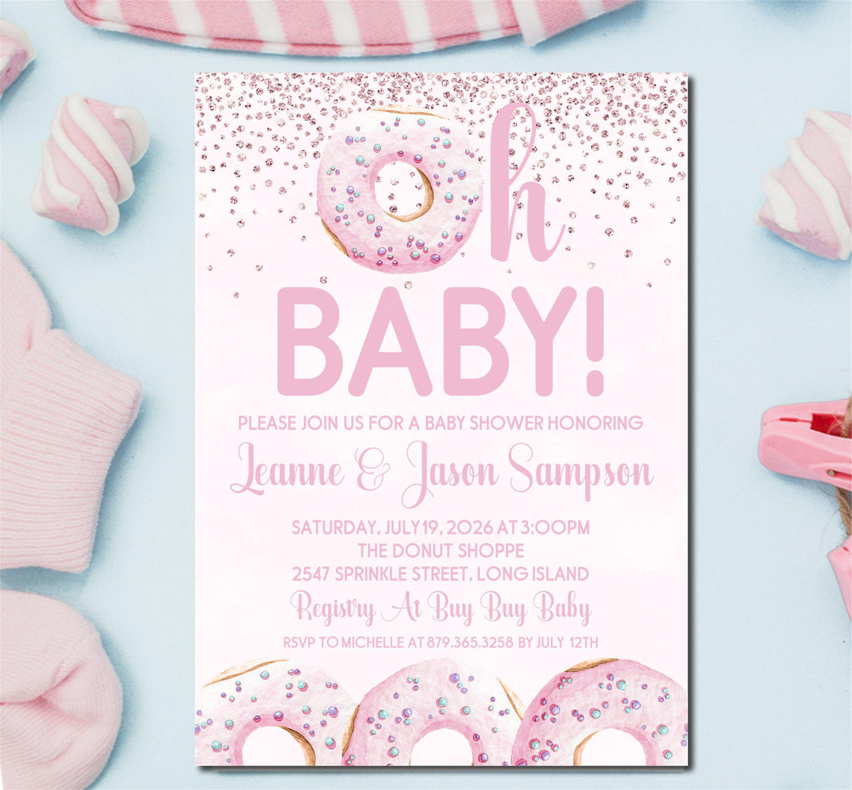 girls pink sprinkle donut baby shower invitation cards dessert style