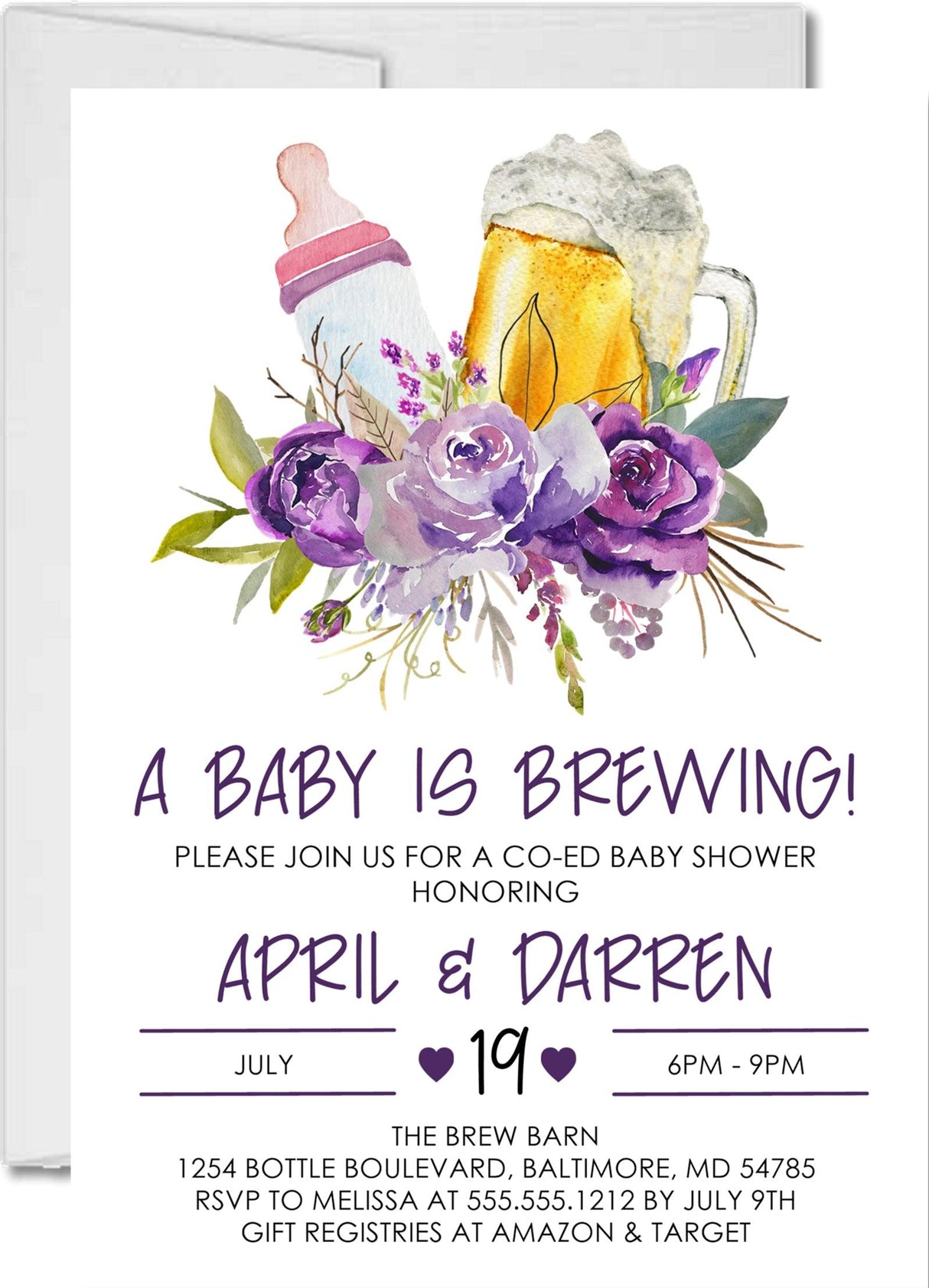 girls purple lavender baby is brewing invitations beer mug shower theme