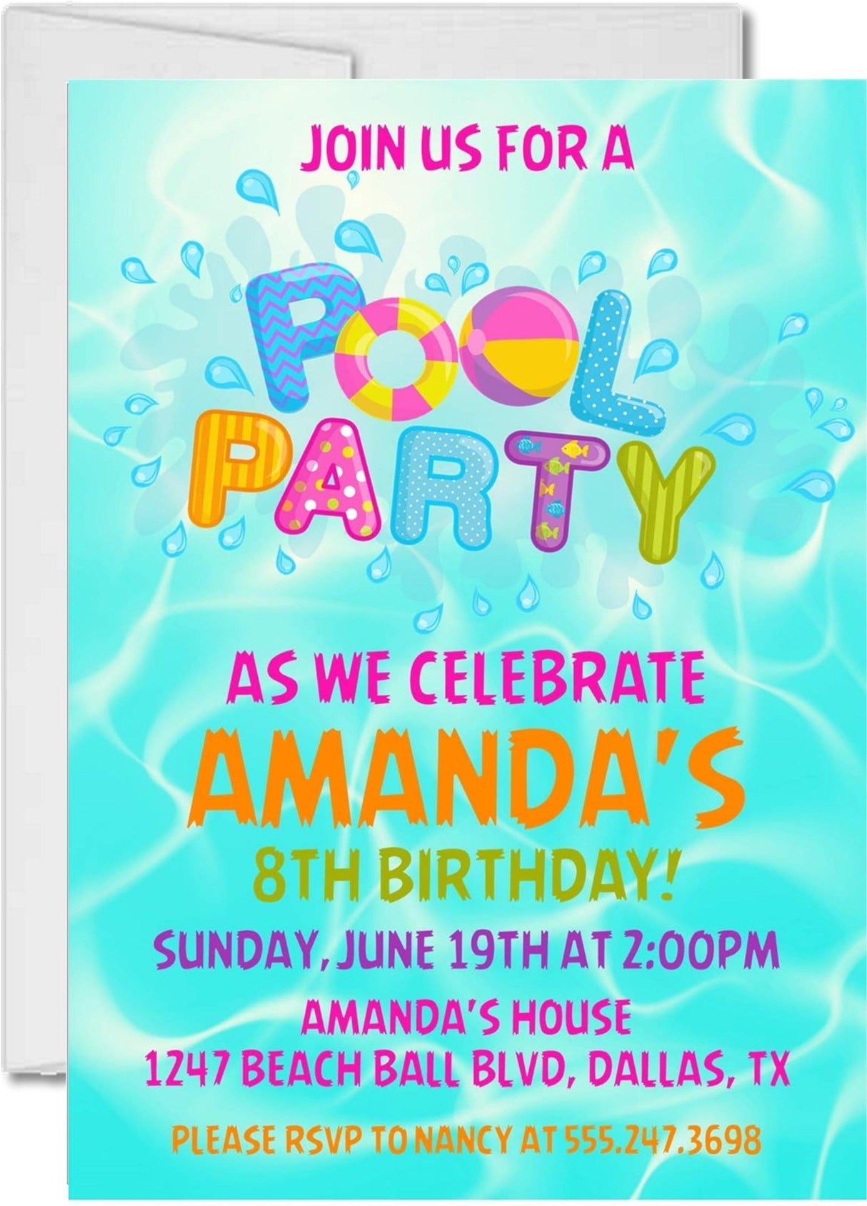 girls summer pool birthday invitations bright beach party theme