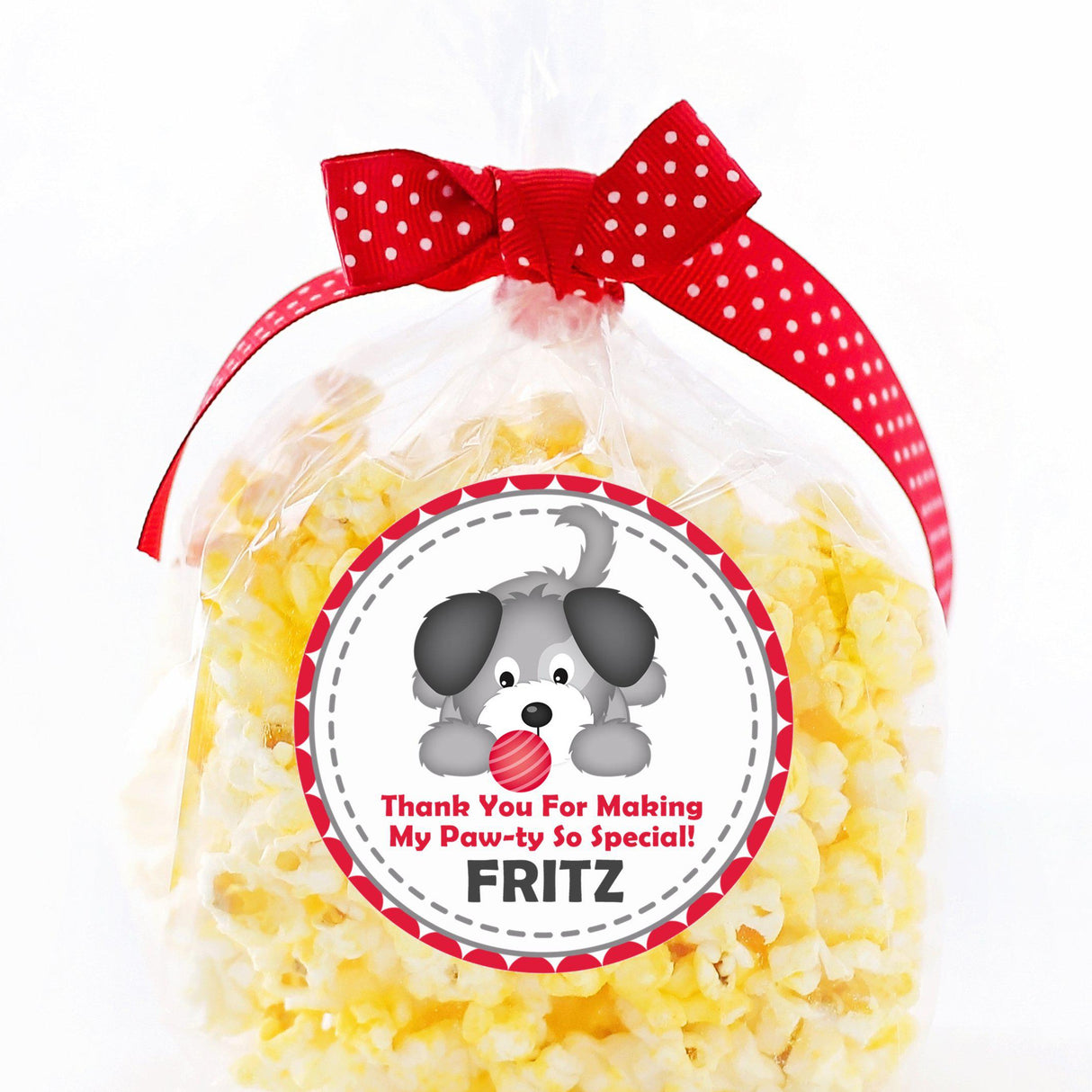 gray puppy birthday sticker with red border