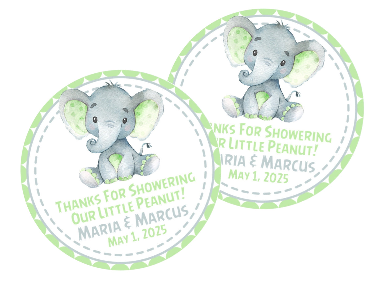 Thank you baby shower stickers – green elephant pattern