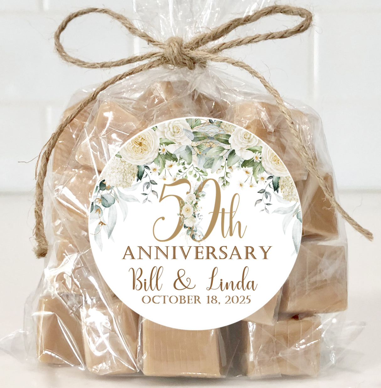 greenery 50th anniversary favor label with white florals