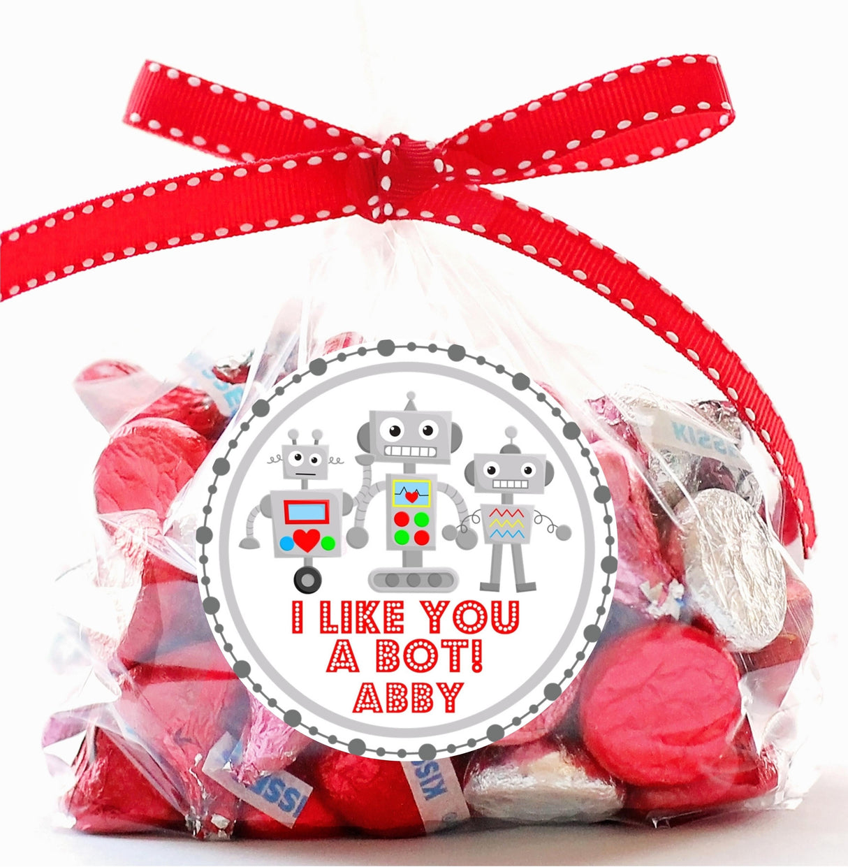 grey robot Valentine treat bag sticker