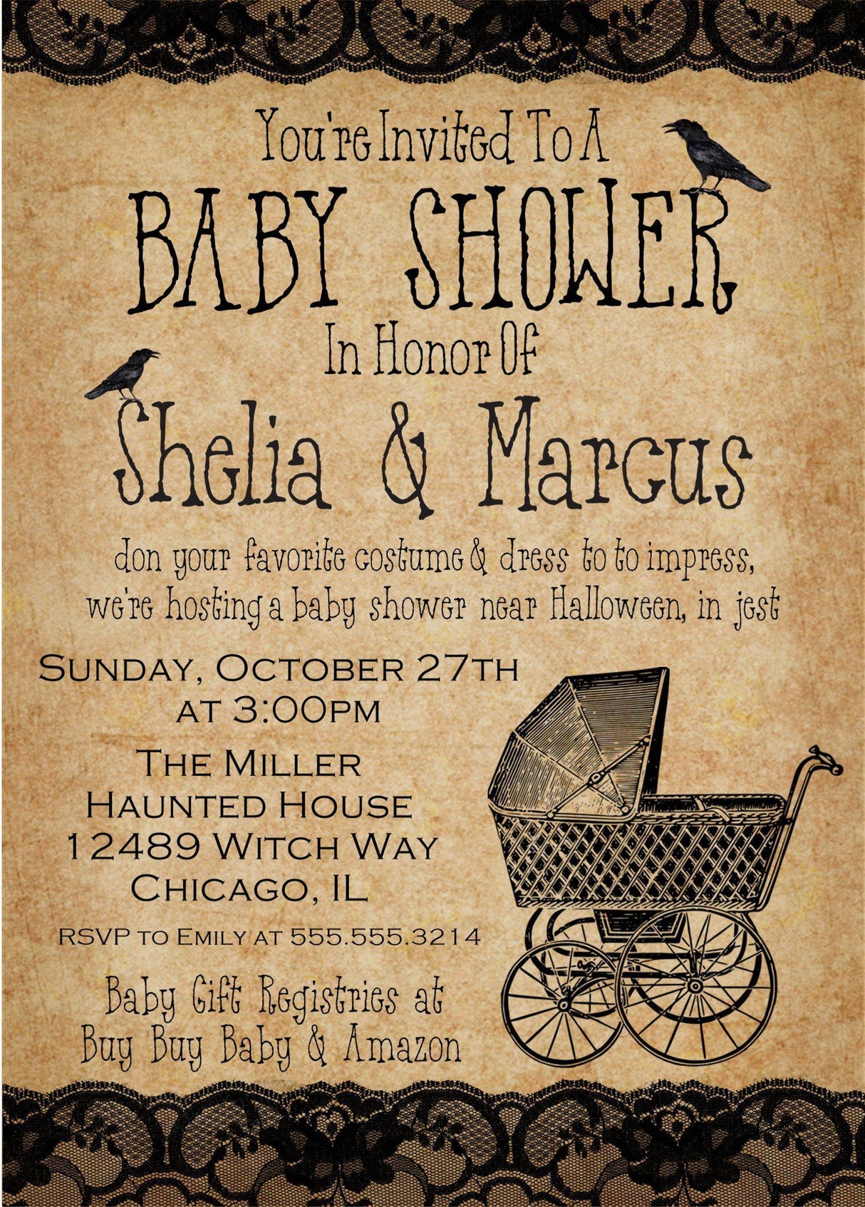 halloween baby shower invitations antique carriage lace design