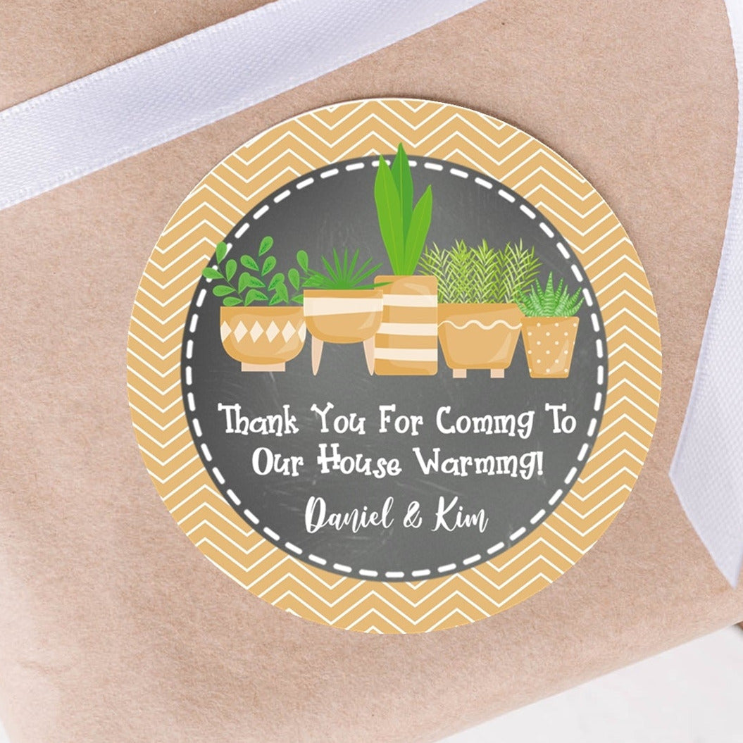 Beige chevron housewarming stickers with potted plant design