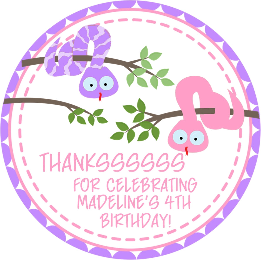 jungle reptile favor sticker with colorful snakes and tree branches