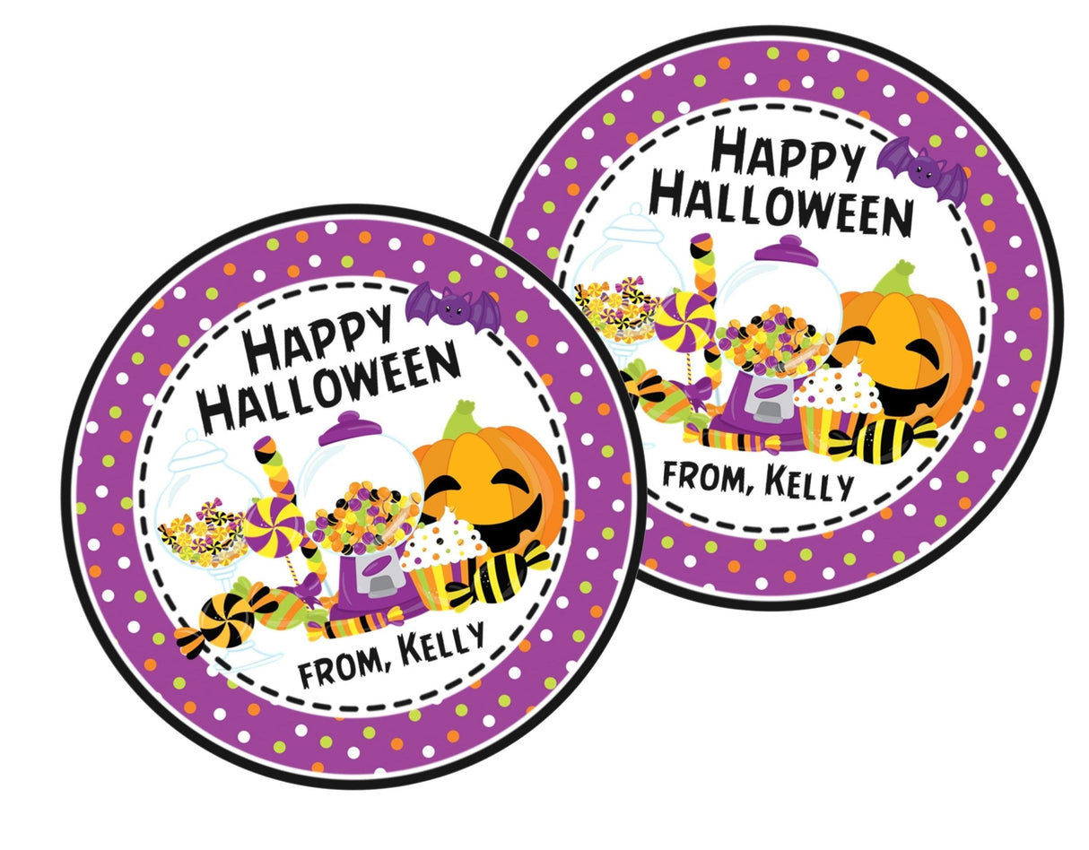 kids halloween favor label featuring soft colored candy artwork