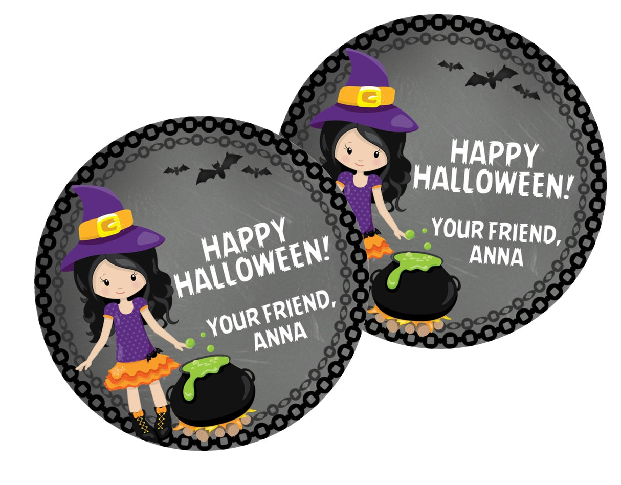 kids halloween favor label featuring witch costume
