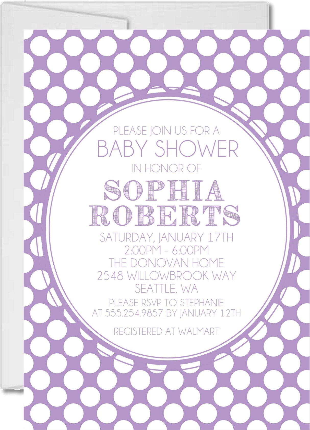 lavender white baby shower invitations modern polka dot theme