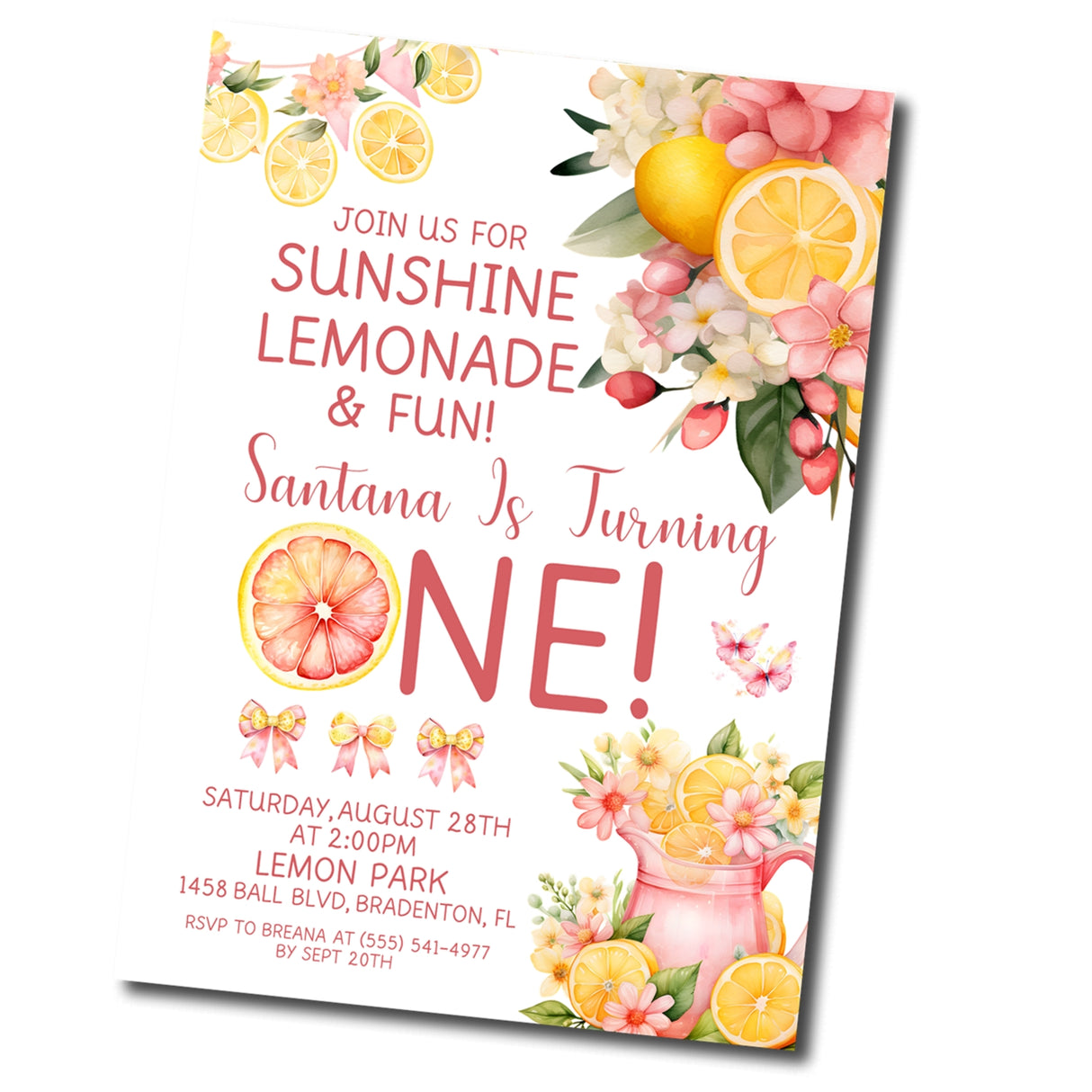 1st Birthday Pink Lemonade Birthday Party Invitations