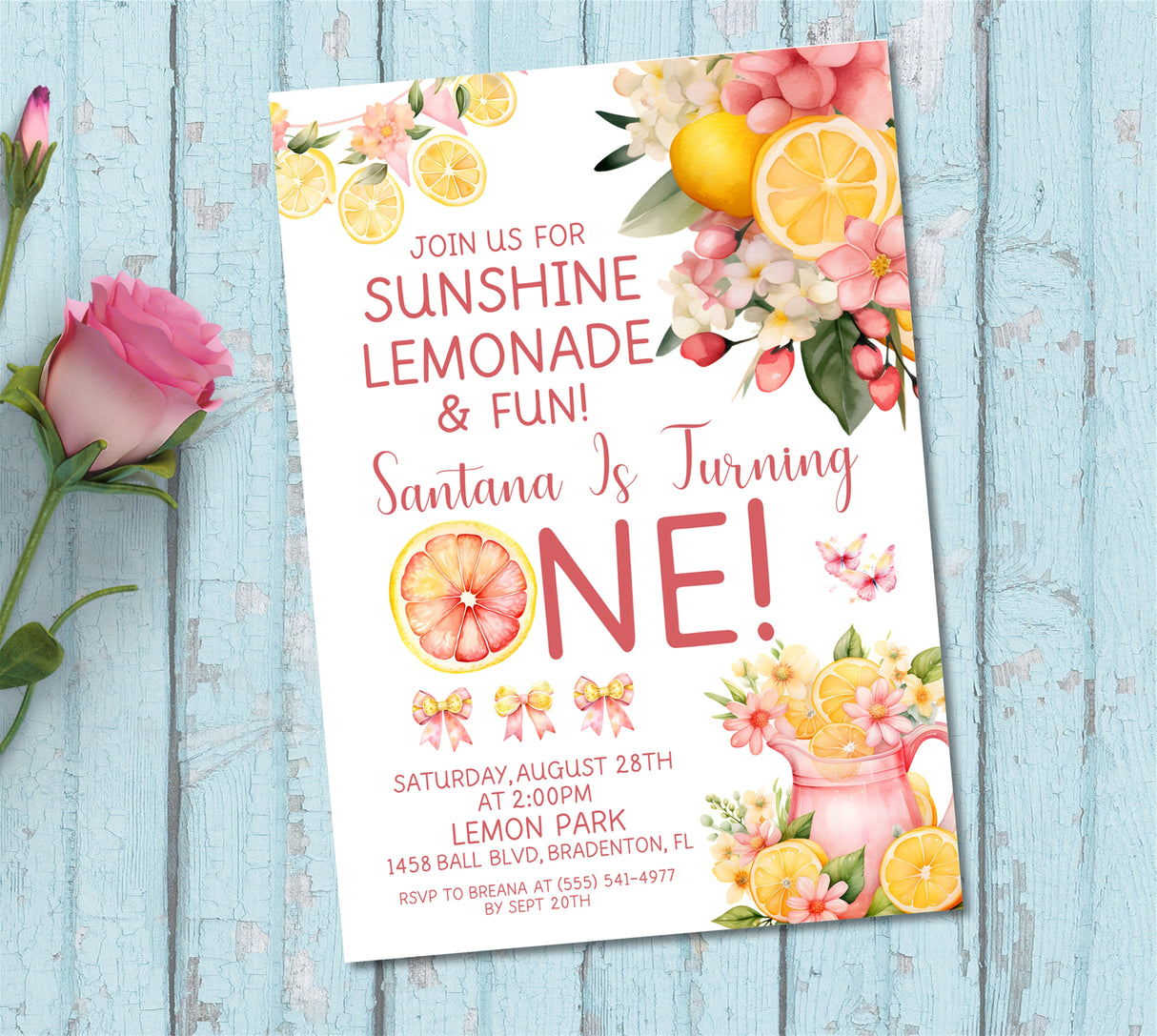 1st Birthday Pink Lemonade Birthday Party Invitations