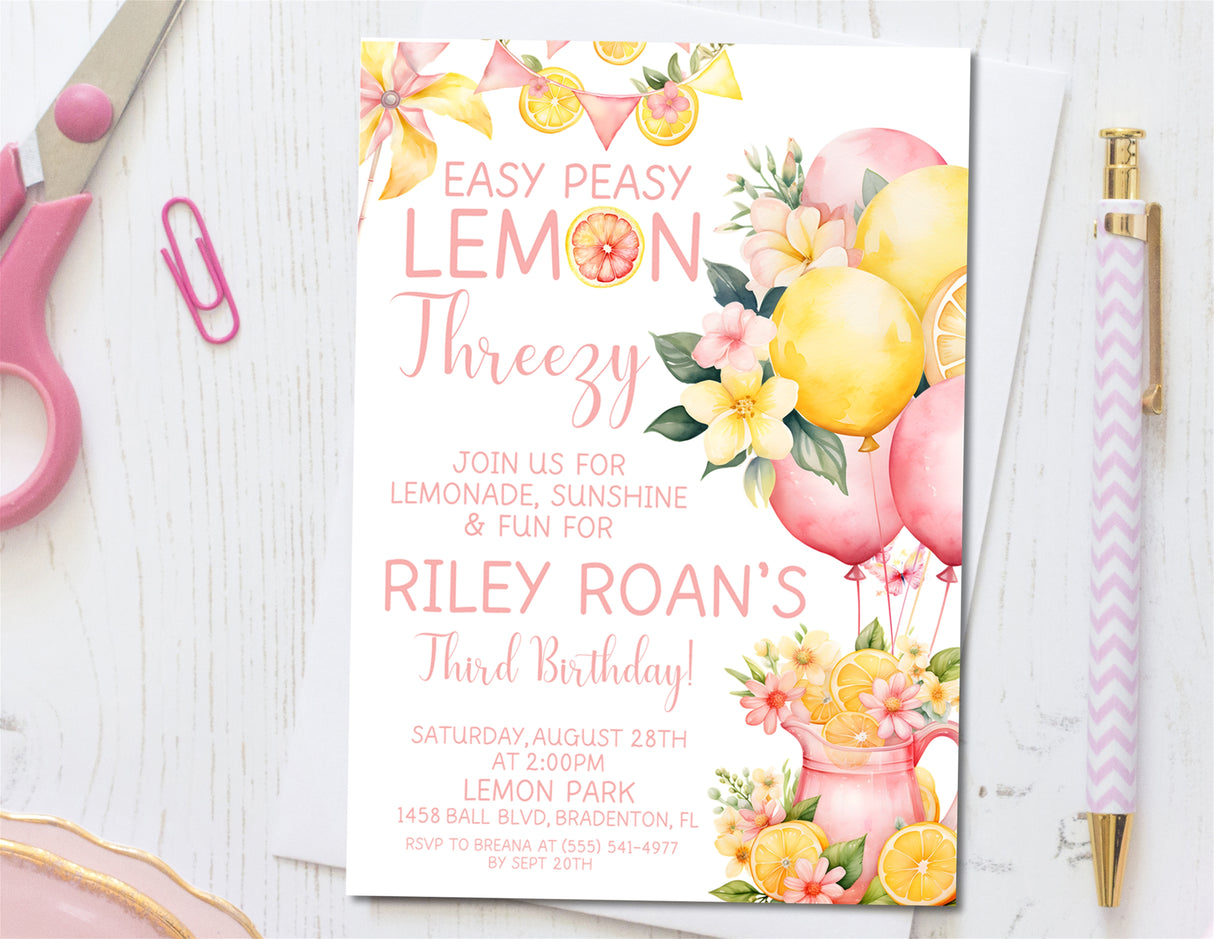 3rd Birthday Pink Lemonade Birthday Party Invitations