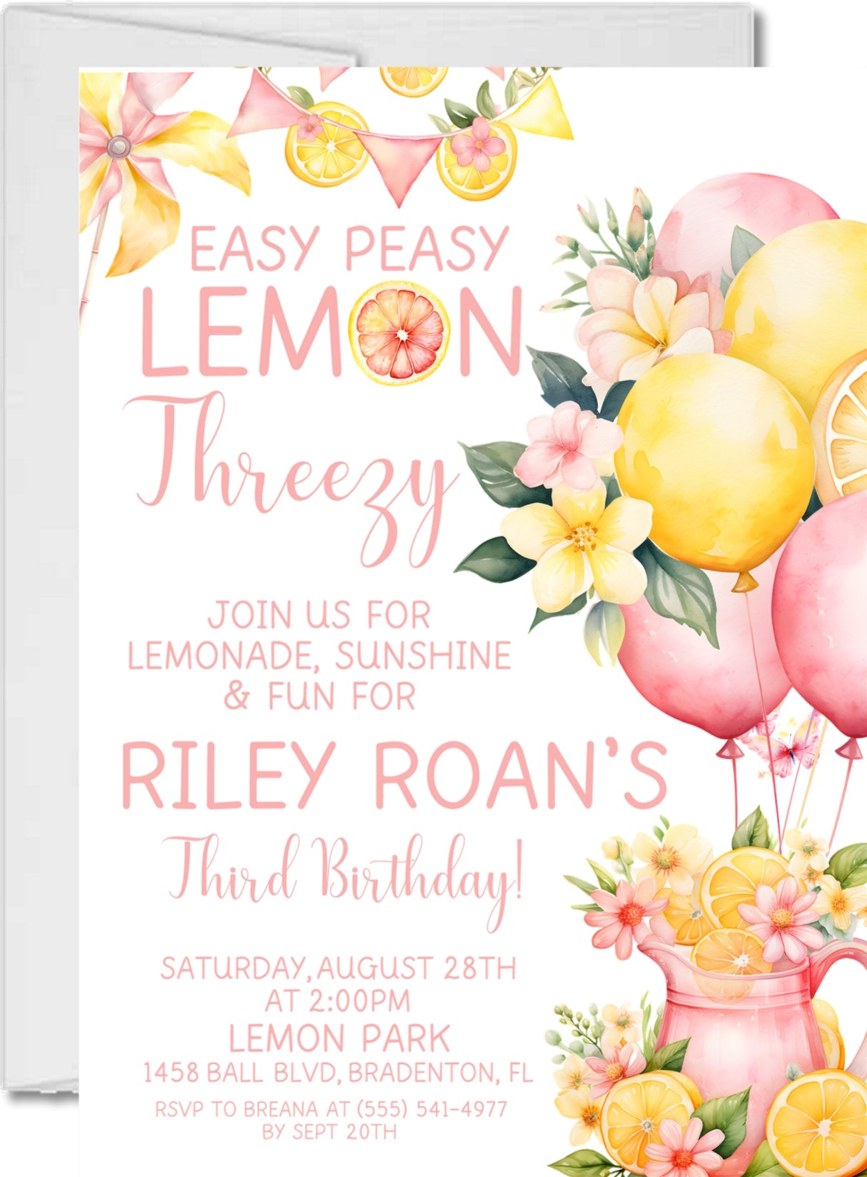 3rd Birthday Pink Lemonade Birthday Party Invitations