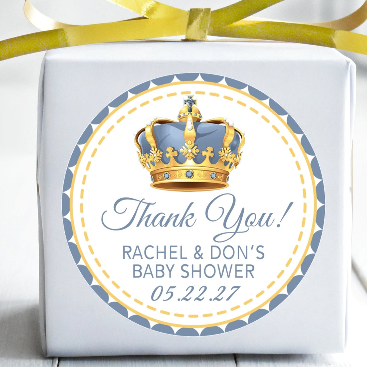 light blue and gold crown baby shower sticker