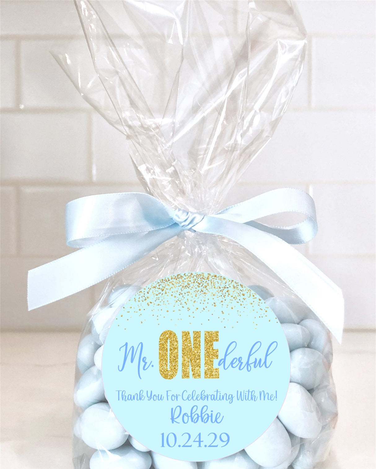 light blue onederful party treat stickers