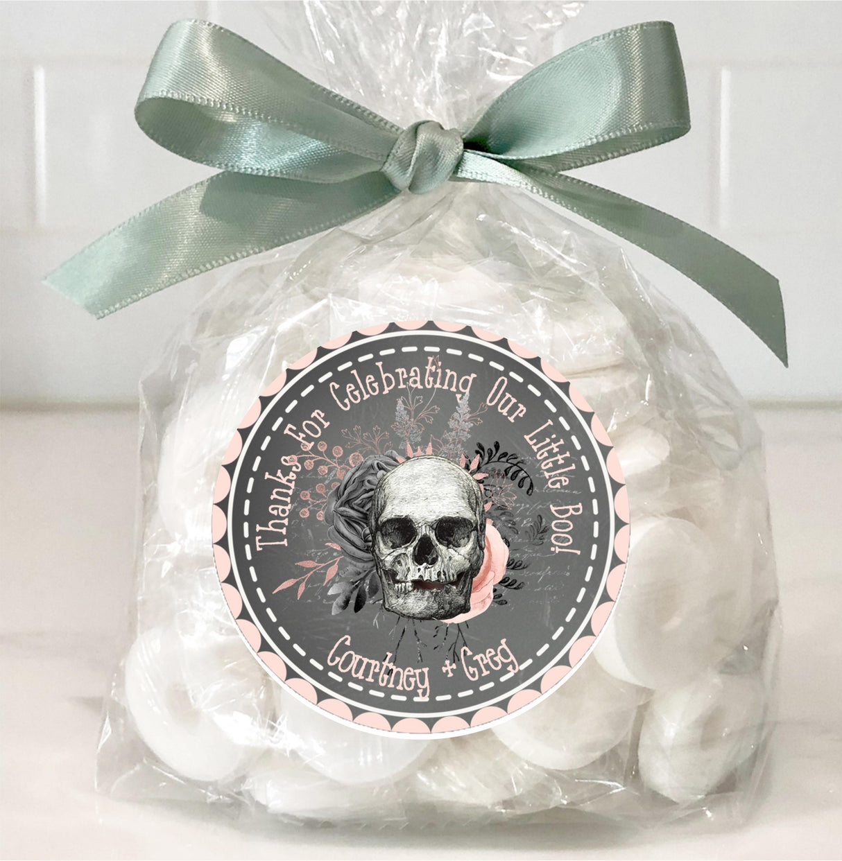 little boo halloween baby shower favor sticker skull floral design